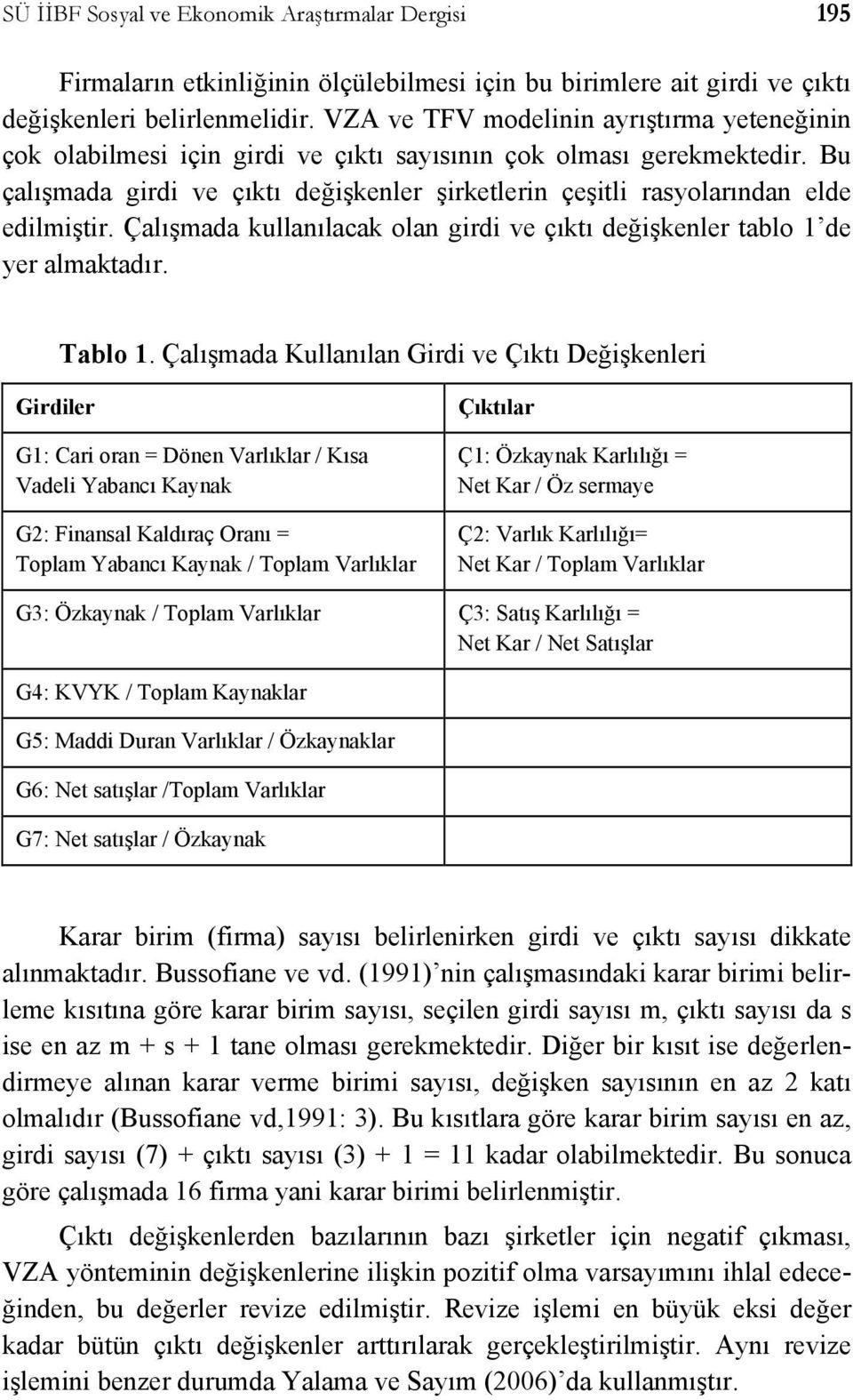 Çalışmada kullanılacak lan girdi ve çıkı değişkenler abl de er almakadır. Tabl.