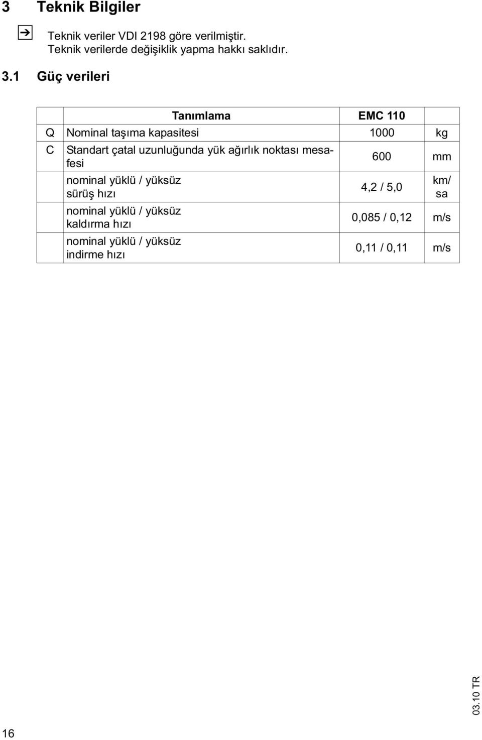 1 Güç verileri Tanımlama EMC 110 Q Nominal ta ıma kapasitesi 1000 kg C Standart çatal uzunlu unda yük