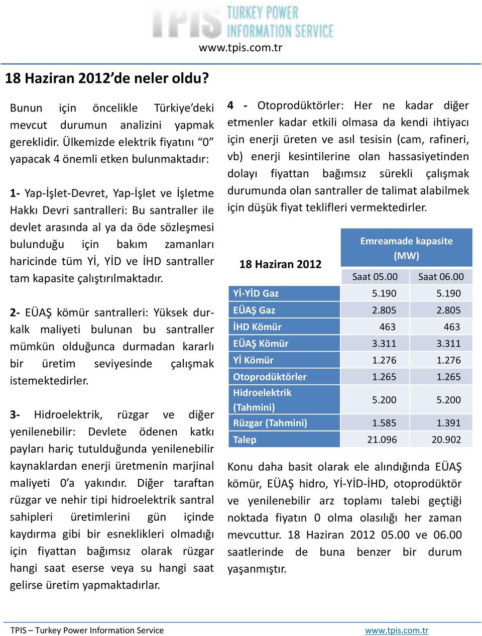 bulunduğu için bakım zamanları haricinde tüm Yİ, YİD ve İHD santraller tam kapasite çalıştırılmaktadır.