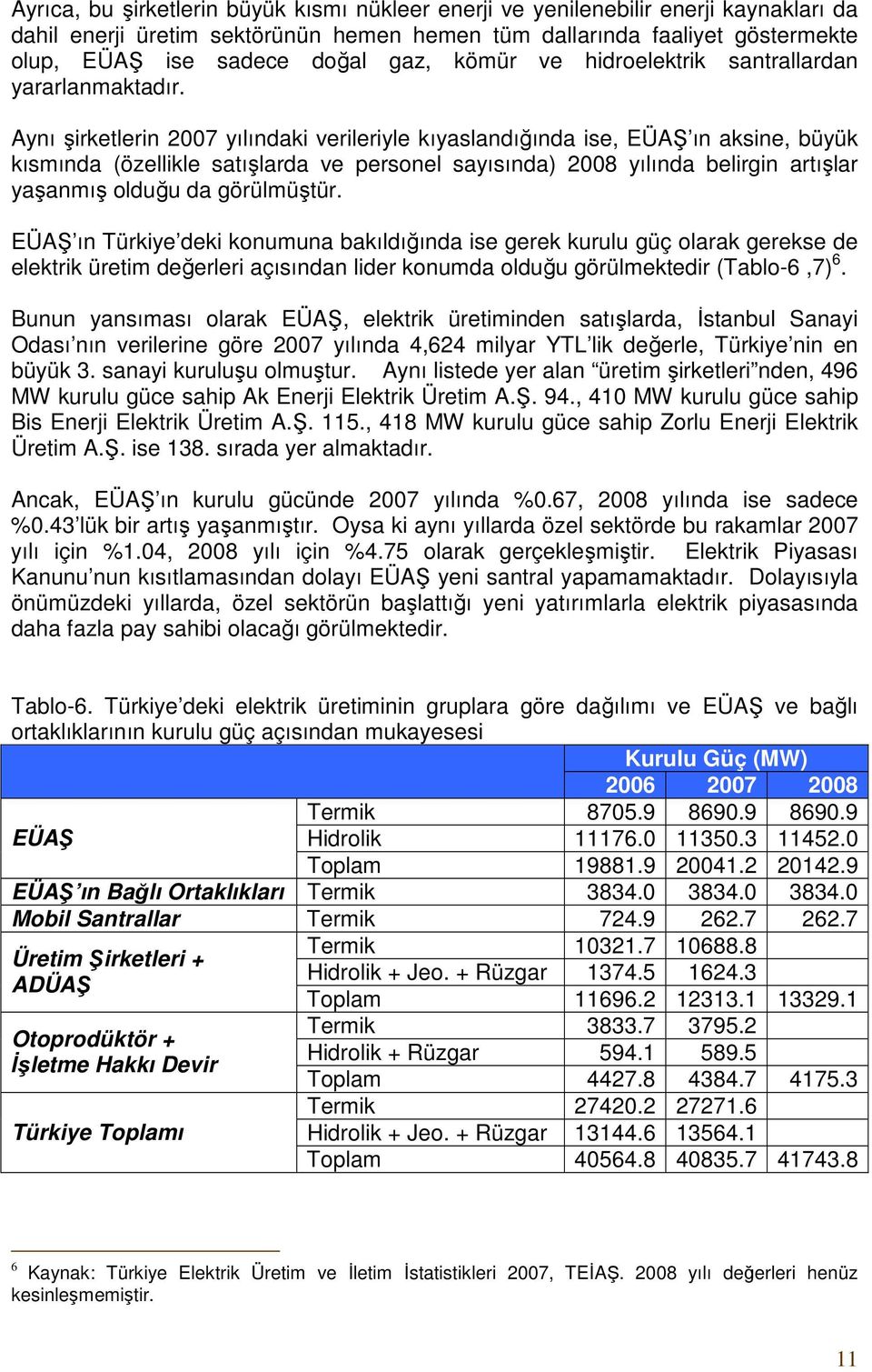 Aynı şirketlerin 2007 yılındaki verileriyle kıyaslandığında ise, EÜAŞ ın aksine, büyük kısmında (özellikle satışlarda ve personel sayısında) 2008 yılında belirgin artışlar yaşanmış olduğu da