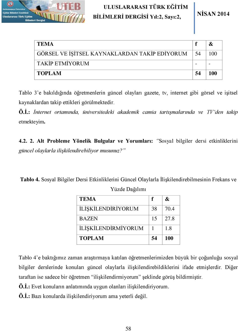 Alt Probleme Yönelik Bulgular ve Yorumları: Sosyal bilgiler dersi etkinliklerini güncel olaylarla ilişkilendirebiliyor musunuz? Tablo 4.