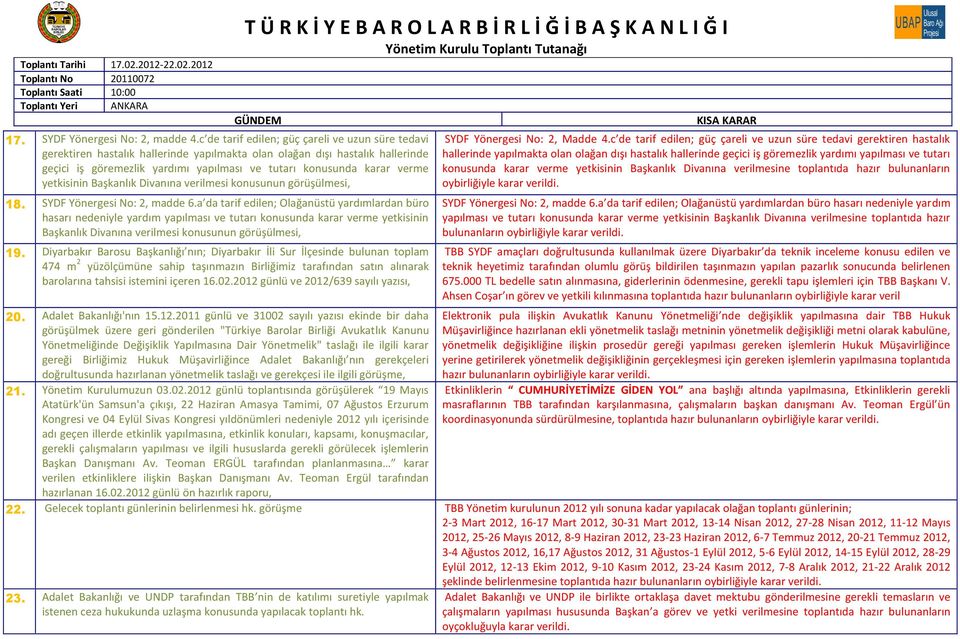 yetkisinin Başkanlık Divanına verilmesi konusunun görüşülmesi, 18. SYDF Yönergesi No: 2, madde 6.