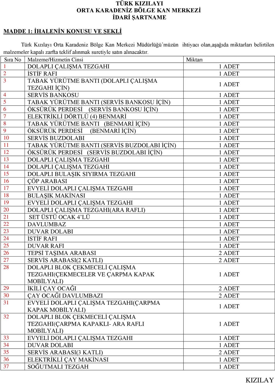 Sıra No Malzeme/Hizmetin Cinsi Miktarı 1 DOLAPLI ÇALIŞMA TEZGAHI 1 ADET 2 İSTİF RAFI 1 ADET 3 TABAK YÜRÜTME BANTI (DOLAPLI ÇALIŞMA 1 ADET TEZGAHI İÇİN) 4 SERVİS BANKOSU 1 ADET 5 TABAK YÜRÜTME BANTI