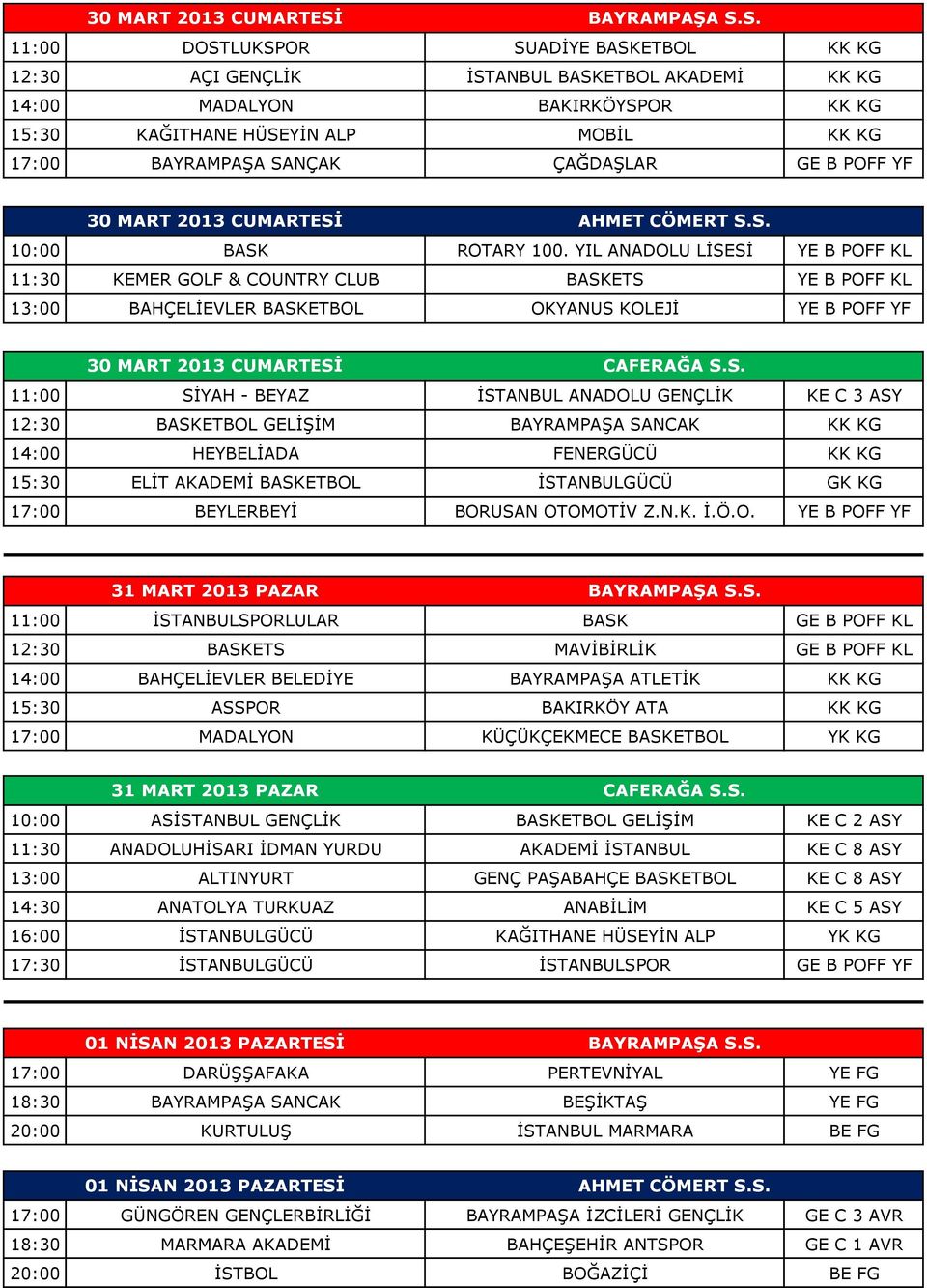 S. 11:00 DOSTLUKSPOR SUADİYE BASKETBOL KK KG 12:30 AÇI GENÇLİK İSTANBUL BASKETBOL AKADEMİ KK KG 14:00 MADALYON BAKIRKÖYSPOR KK KG 15:30 KAĞITHANE HÜSEYİN ALP MOBİL KK KG 17:00 BAYRAMPAŞA SANÇAK