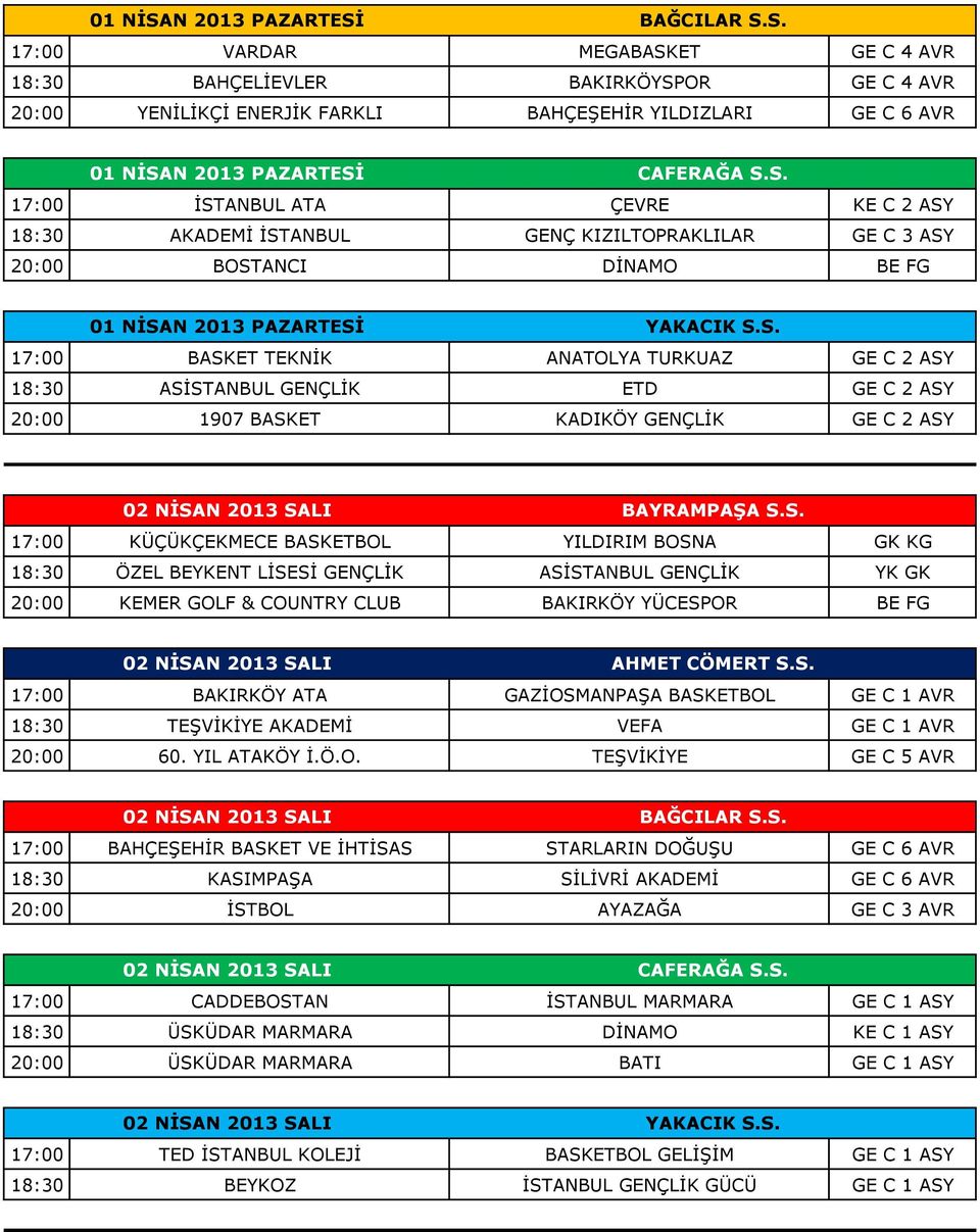 S. 17:00 KÜÇÜKÇEKMECE BASKETBOL YILDIRIM BOSNA GK KG 18:30 ÖZEL BEYKENT LİSESİ GENÇLİK ASİSTANBUL GENÇLİK YK GK 20:00 KEMER GOLF & COUNTRY CLUB BAKIRKÖY YÜCESPOR BE FG 02 NİSAN 2013 SALI AHMET CÖMERT