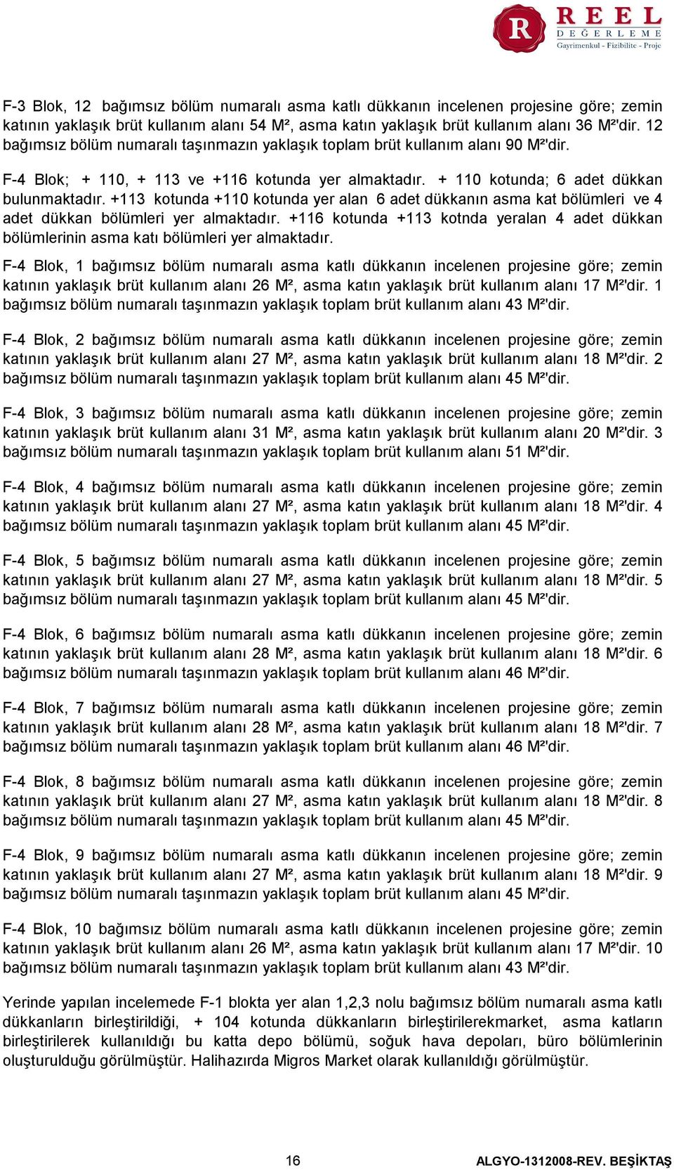 +113 kotunda +110 kotunda yer alan 6 adet dükkanın asma kat bölümleri ve 4 adet dükkan bölümleri yer almaktadır.