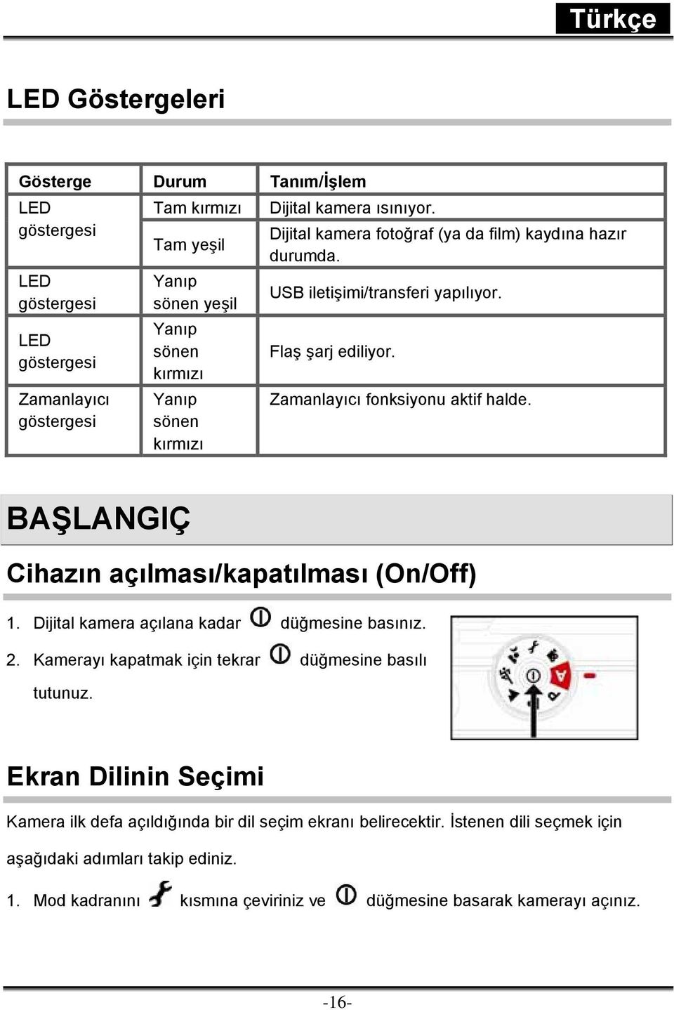 Zamanlayıcı fonksiyonu aktif halde. BAŞLANGIÇ Cihazın açılması/kapatılması (On/Off) 1. Dijital kamera açılana kadar 2. Kamerayı kapatmak için tekrar düğmesine basılı tutunuz.