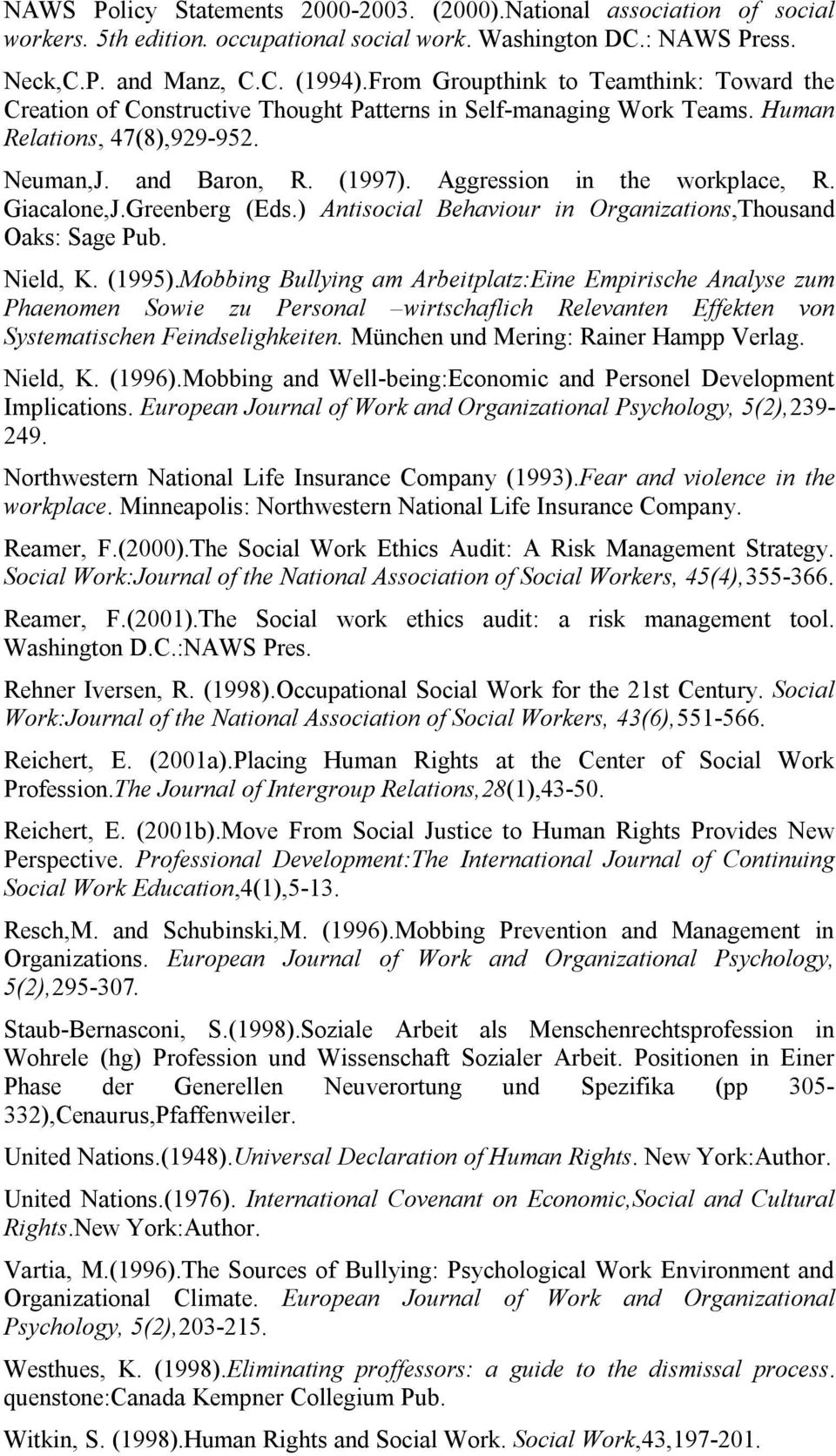 Aggression in the workplace, R. Giacalone,J.Greenberg (Eds.) Antisocial Behaviour in Organizations,Thousand Oaks: Sage Pub. Nield, K. (1995).