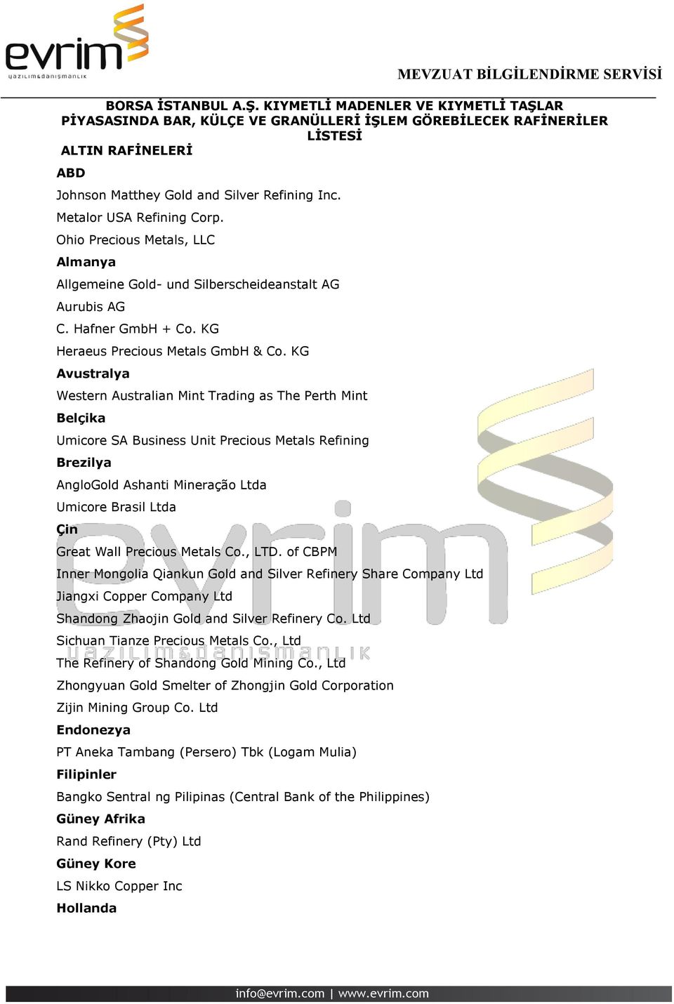 KG Avustralya Western Australian Mint Trading as The Perth Mint Belçika Umicore SA Business Unit Precious Metals Refining Brezilya AngloGold Ashanti Mineração Ltda Umicore Brasil Ltda Çin Great Wall