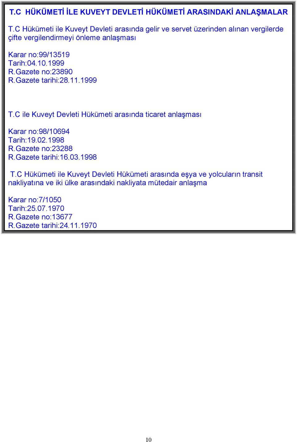 1999 R.Gazete no:23890 R.Gazete tarihi:28.11.1999 T.C ile Kuveyt Devleti Hükümeti arasında ticaret anlaşması Karar no:98/10694 Tarih:19.02.1998 R.