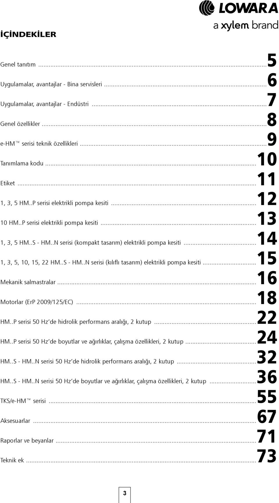 .S - HM..N serisi (kılıflı tasarım) elektrikli pompa kesiti...15 Mekanik salmastralar...16 Motorlar (ErP 29/125/EC)...18 HM..P serisi 5 Hz de hidrolik performans aralığı, 2 kutup...22 HM.