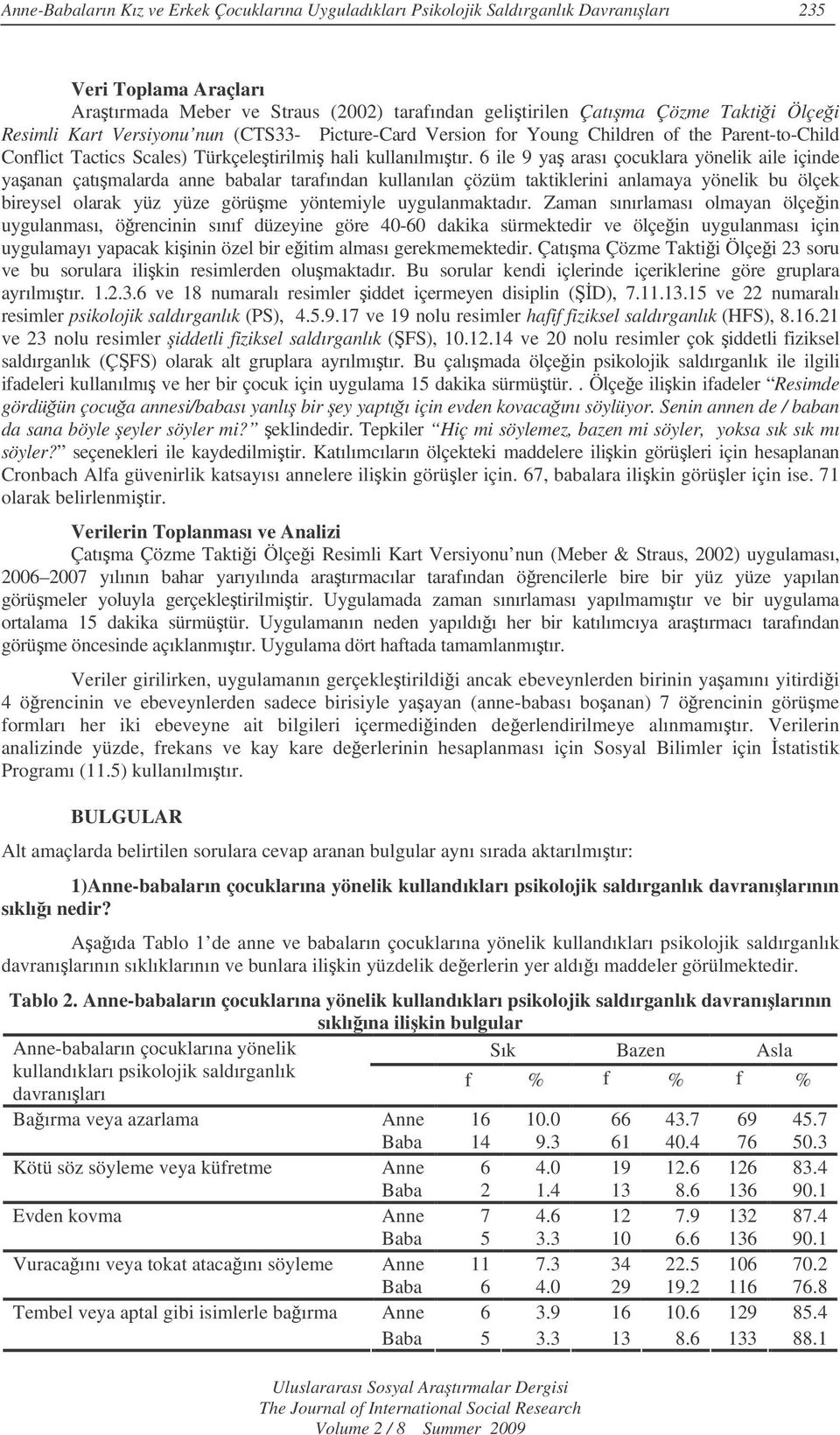 6 ile 9 ya arası çocuklara yönelik aile içinde yaanan çatımalarda anne babalar tarafından kullanılan çözüm taktiklerini anlamaya yönelik bu ölçek bireysel olarak yüz yüze görüme yöntemiyle