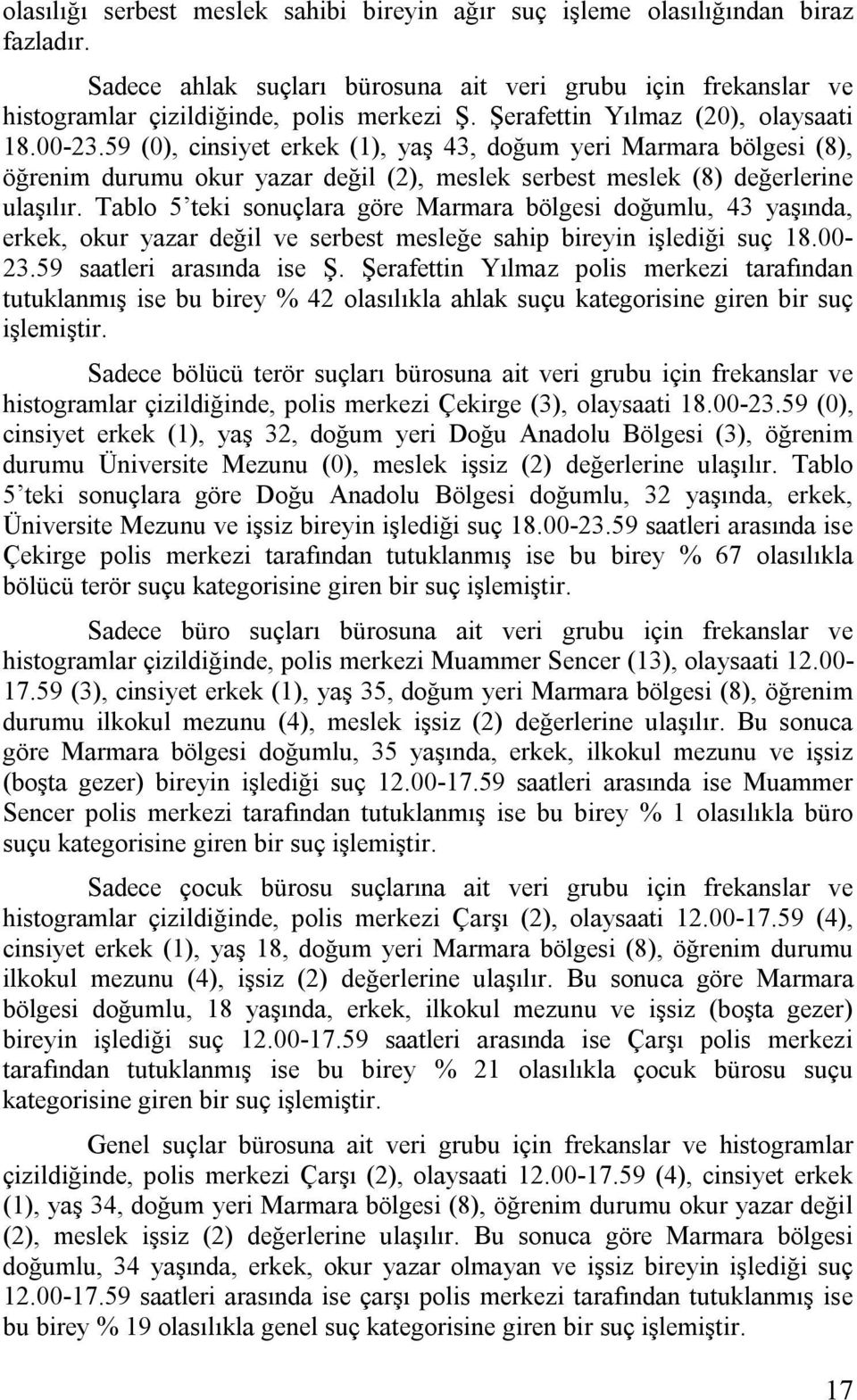 Tablo 5 tek sonuçlara göre Marmara bölges doğumlu, 43 yaşında, erkek, okur yazar değl ve serbest mesleğe sahp breyn şledğ suç 8.00-23.59 saatler arasında se Ş.