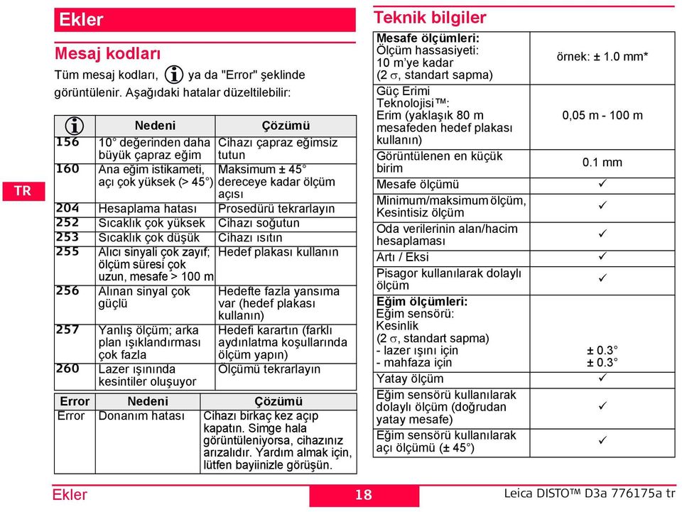 ölçüm açısı 204 esaplama hatası Prosedürü tekrarlayın 252 ıcaklık çok yüksek Cihazı soğutun 253 ıcaklık çok düşük Cihazı ısıtın 255 Alıcı sinyali çok zayıf; ölçüm süresi çok uzun, mesafe > 100 m 256