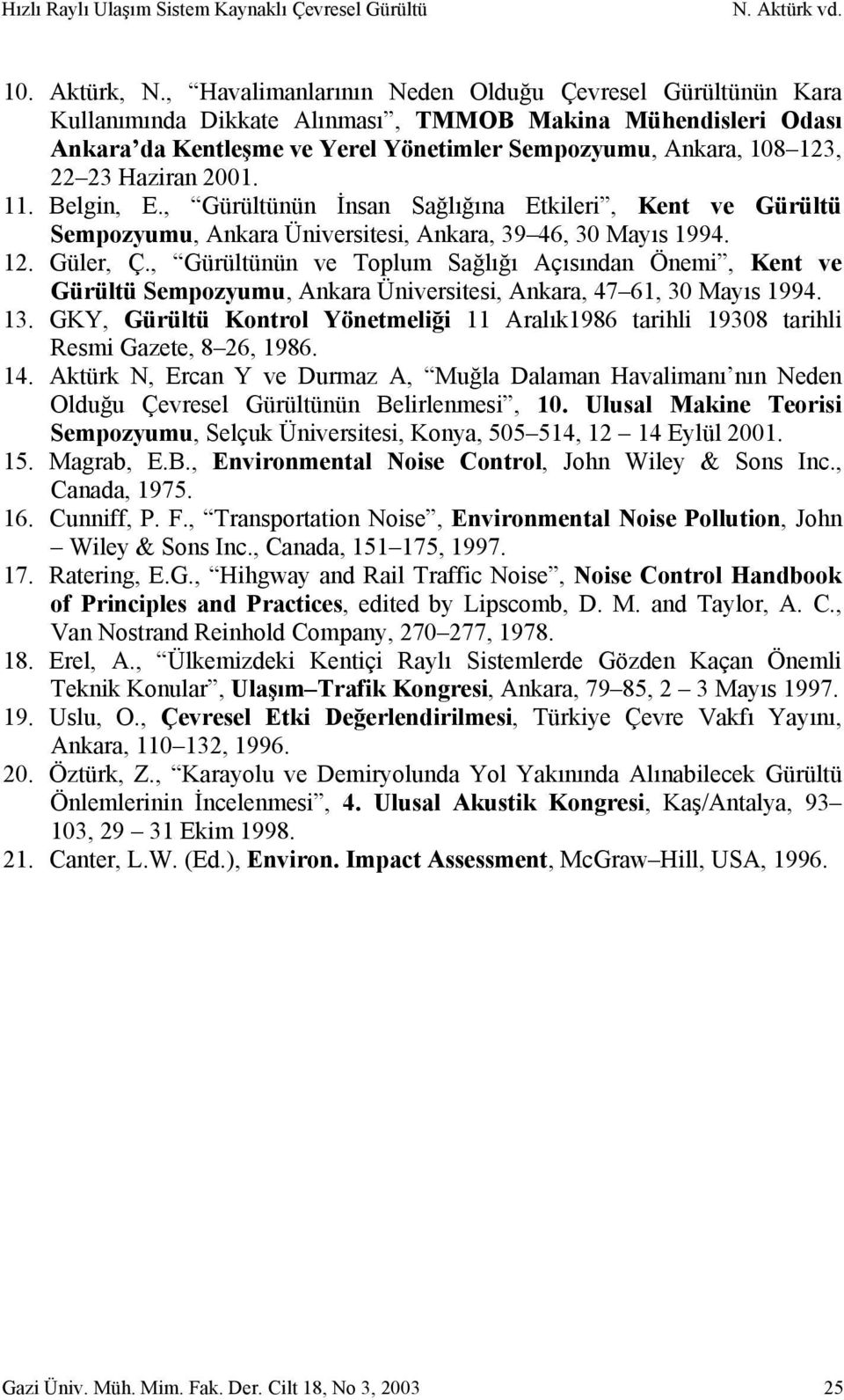 Haziran 2001. 11. Belgin, E., Gürültünün İnsan Sağlığına Etkileri, Kent ve Gürültü Sempozyumu, Ankara Üniversitesi, Ankara, 39 46, 30 Mayıs 1994. 12. Güler, Ç.