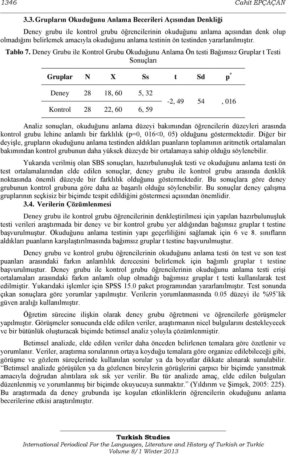 Deney Grubu ile Kontrol Grubu Okuduğunu Anlama Ön testi Bağımsız Gruplar t Testi Sonuçları Gruplar N X Ss t Sd p * Deney 28 18, 60 5, 32 Kontrol 28 22, 60 6, 59-2, 49 54, 016 Analiz sonuçları,