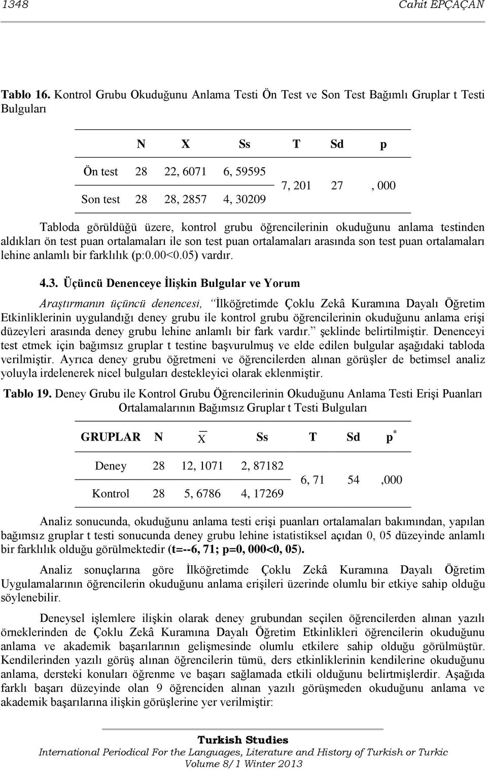 üzere, kontrol grubu öğrencilerinin okuduğunu anlama testinden aldıkları ön test puan ortalamaları ile son test puan ortalamaları arasında son test puan ortalamaları lehine anlamlı bir farklılık (p:0.