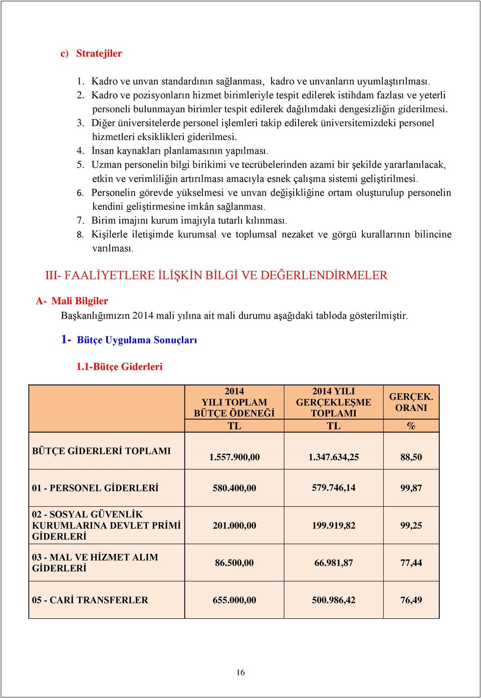 Diğer üniversitelerde personel işlemleri takip edilerek üniversitemizdeki personel hizmetleri eksiklikleri giderilmesi. 4. İnsan kaynakları planlamasının yapılması. 5.