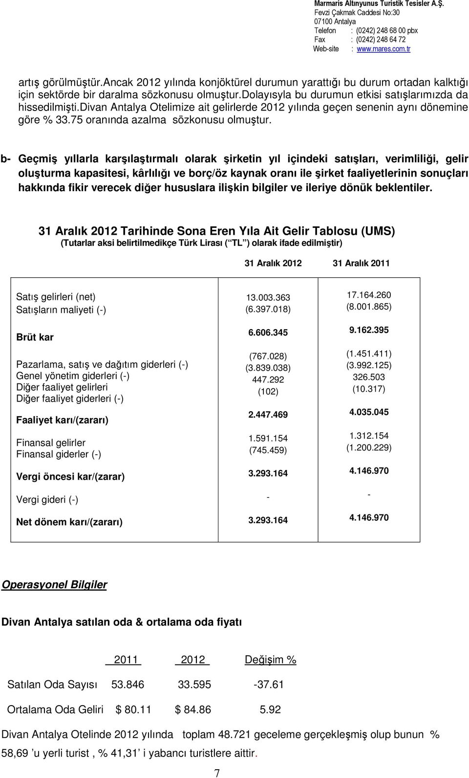 b- Geçmiş yıllarla karşılaştırmalı olarak şirketin yıl içindeki satışları, verimliliği, gelir oluşturma kapasitesi, kârlılığı ve borç/öz kaynak oranı ile şirket faaliyetlerinin sonuçları hakkında