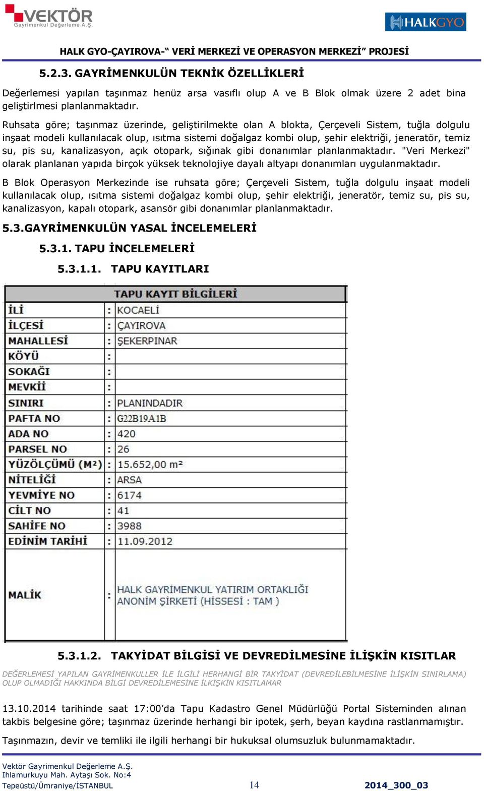 su, kanalizasyn, açık tpark, sığınak gibi dnanımlar planlanmaktadır. "Veri Merkezi" larak planlanan yapıda birçk yüksek teknljiye dayalı altyapı dnanımları uygulanmaktadır.