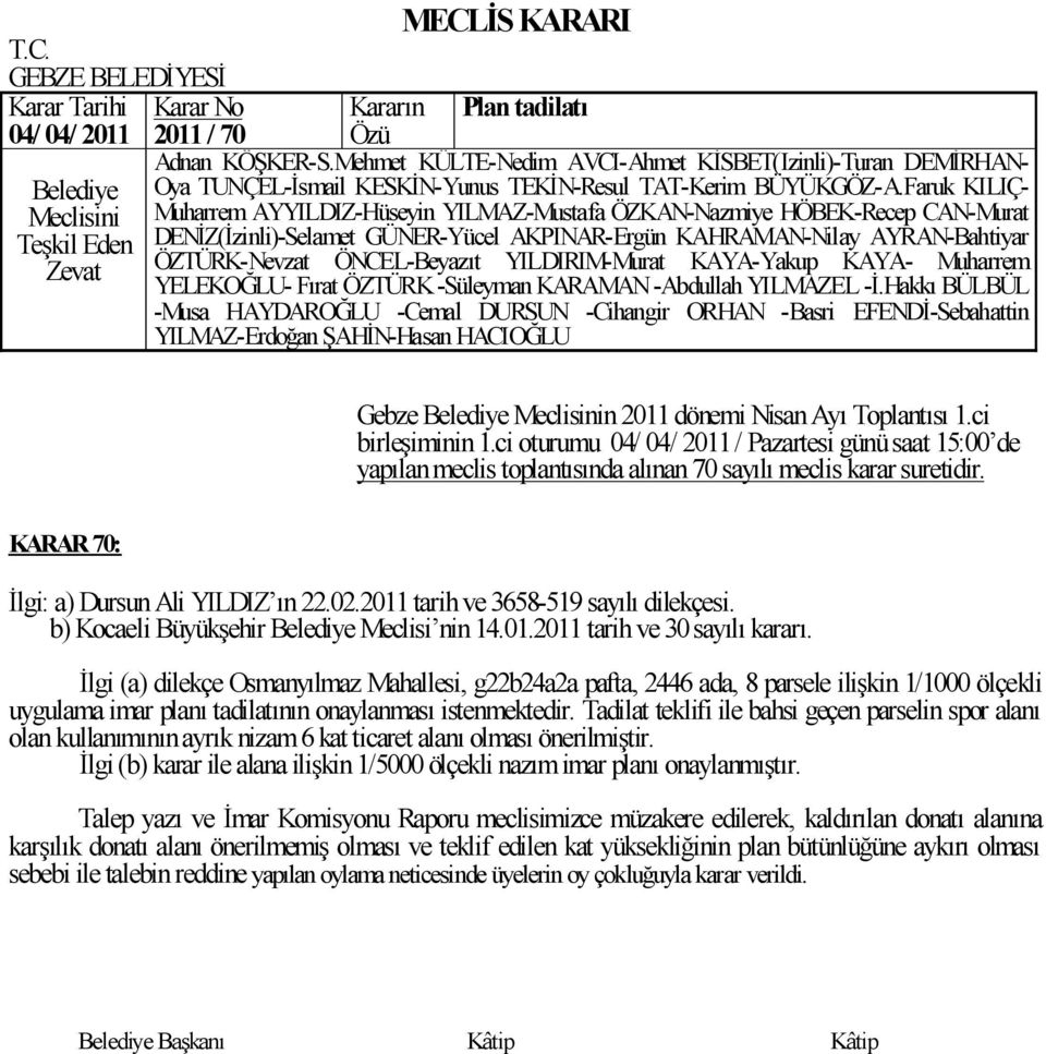 Ġlgi (a) dilekçe Osmanyılmaz Mahallesi, g22b24a2a pafta, 2446 ada, 8 parsele iliģkin 1/1000 ölçekli uygulama imar planı tadilatının onaylanması istenmektedir.