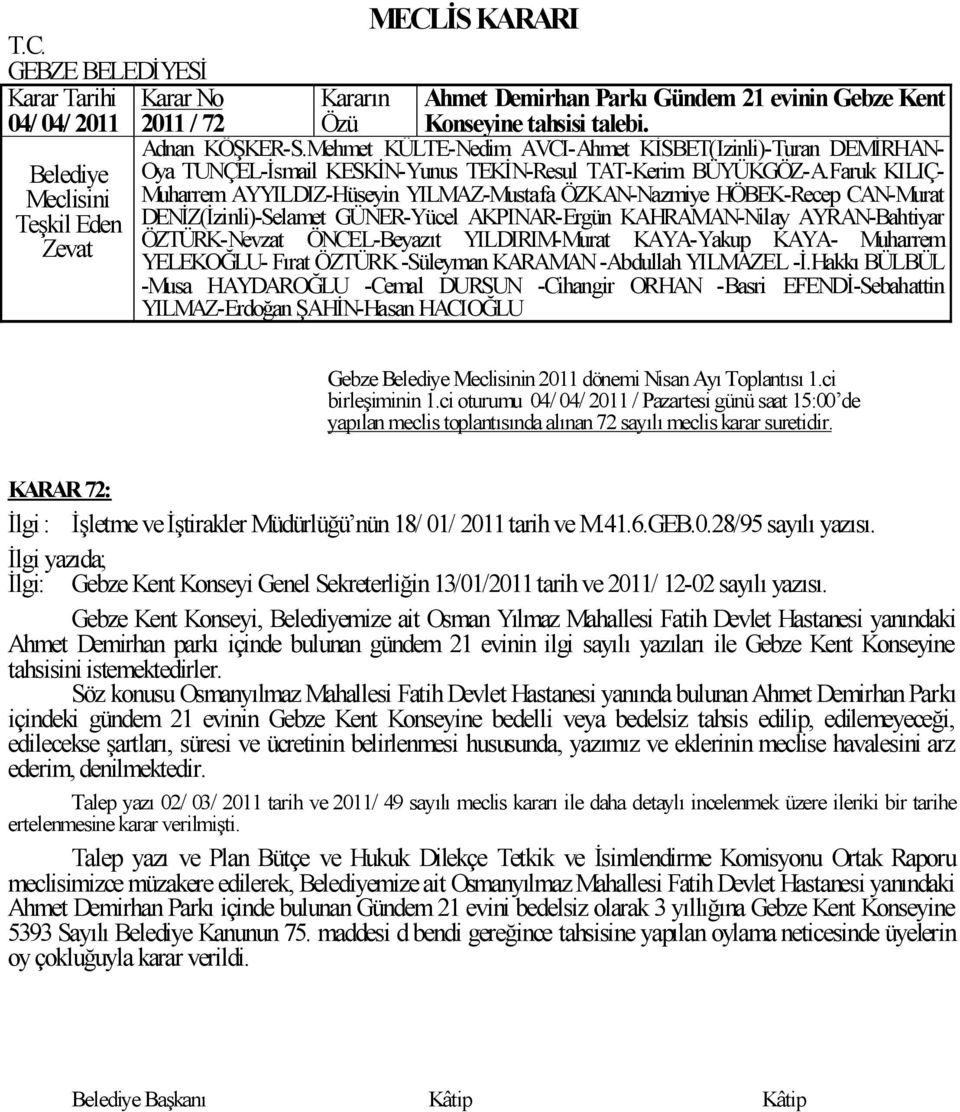 Ġlgi yazıda; Ġlgi: Gebze Kent Konseyi Genel Sekreterliğin 13/01/2011 tarih ve 2011/ 12-02 sayılı yazısı.