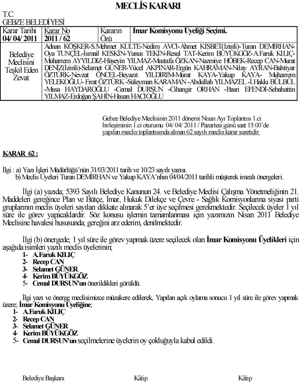 Ġlgi (a) yazıda; 5393 Sayılı Kanunun 24. ve Meclisi ÇalıĢma Yönetmeliğinin 21.