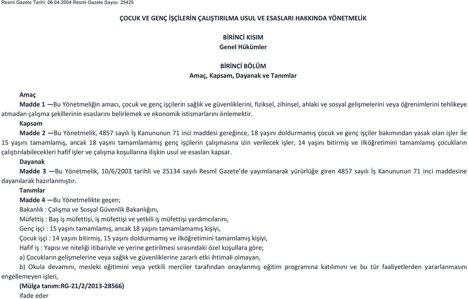 Yönetmeliğin amacı, çocuk ve genç işçilerin sağlık ve güvenliklerini, fiziksel, zihinsel, ahlaki ve sosyal gelişmelerini veya öğrenimlerini tehlikeye atmadan çalışma şekillerinin esaslarını