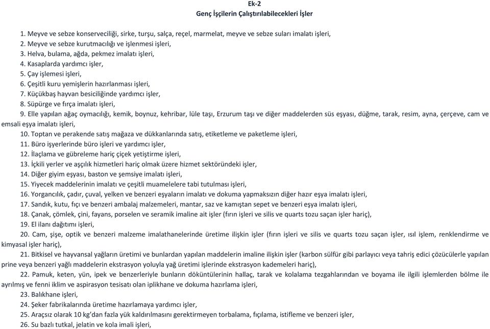 Çeşitli kuru yemişlerin hazırlanması işleri, 7. Küçükbaş hayvan besiciliğinde yardımcı işler, 8. Süpürge ve fırça imalatı işleri, 9.