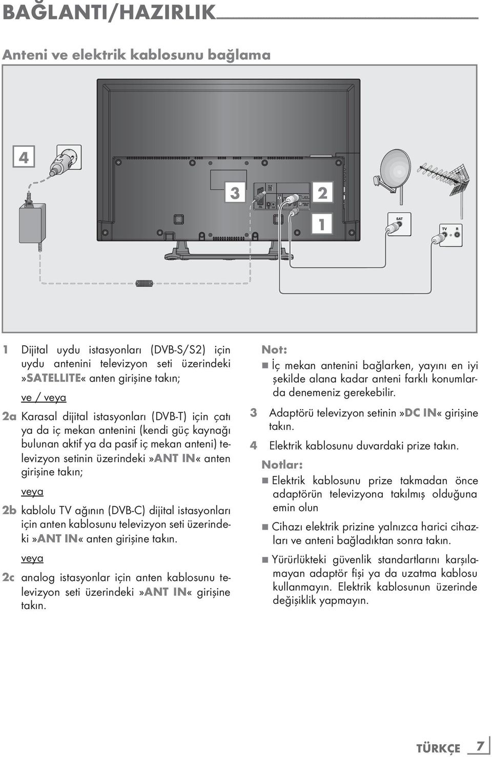 da pasif iç mekan anteni) televizyon setinin üzerindeki»ant IN«anten girişine takın; veya 2b kablolu TV ağının (DVB-C) dijital istasyonları için anten kablosunu televizyon seti üzerindeki»ant
