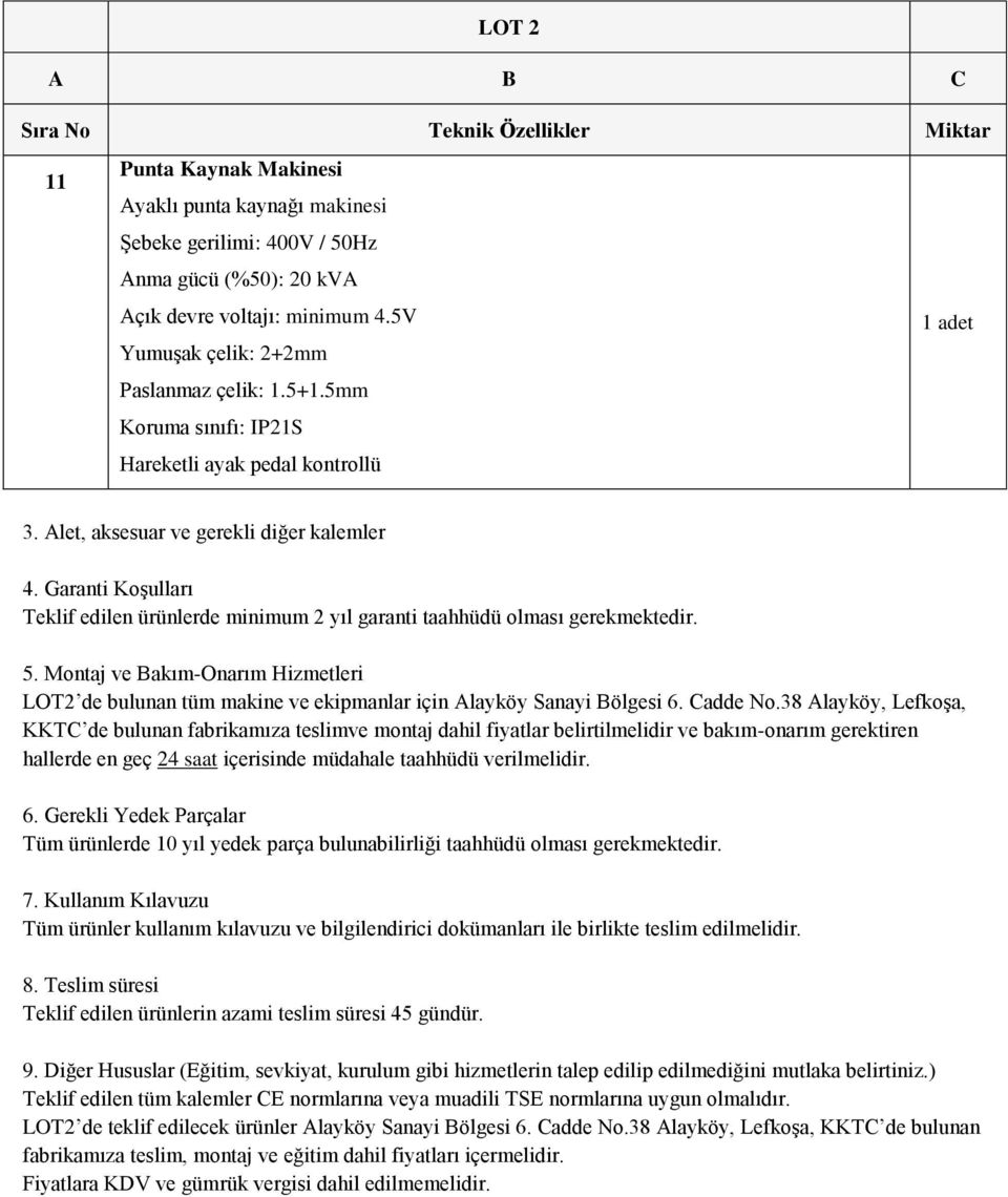 Montaj ve Bakım-Onarım Hizmetleri LOT2 de bulunan tüm makine ve ekipmanlar için Alayköy Sanayi Bölgesi 6. Cadde No.