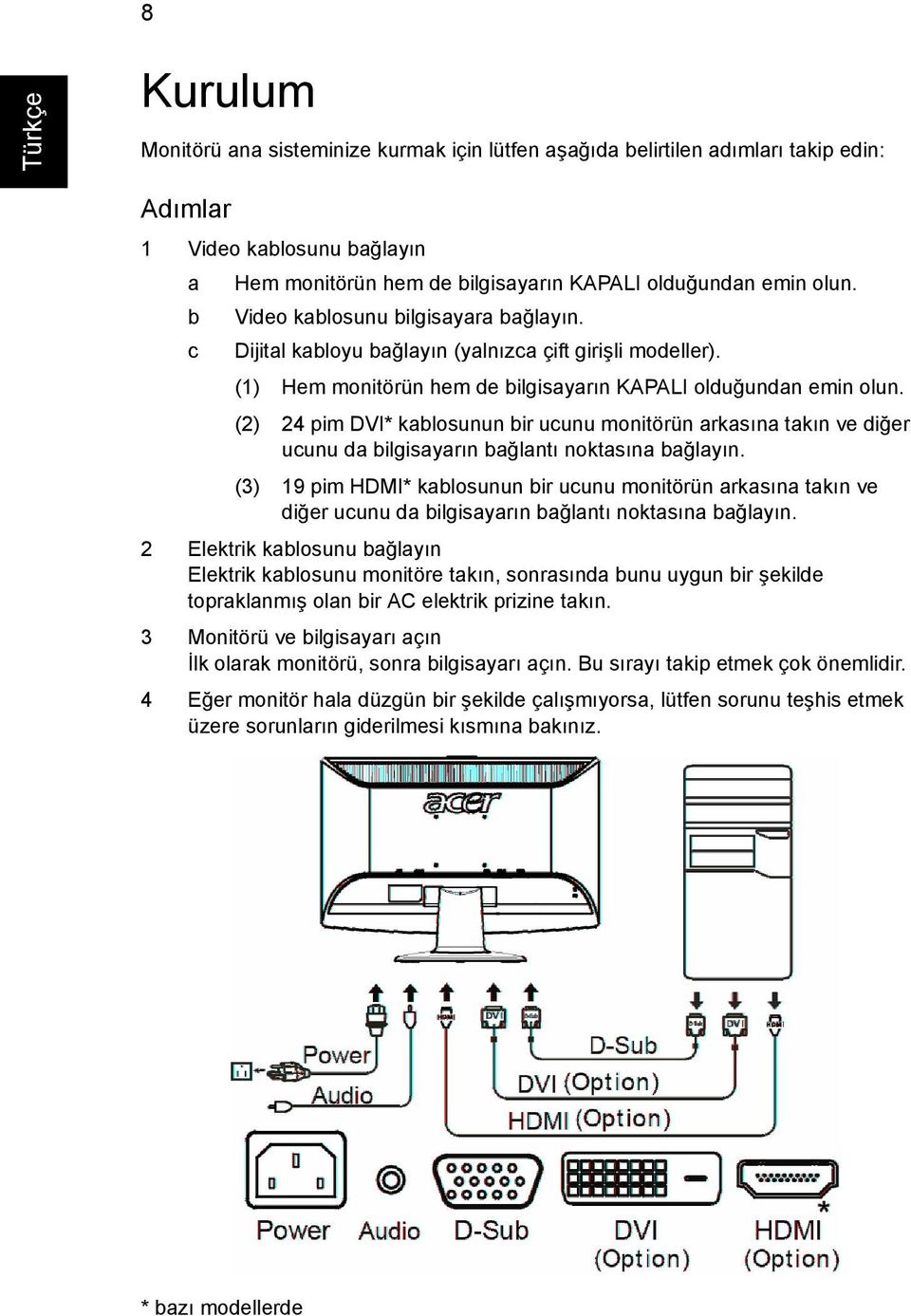 (2) 24 pim DVI* kablosunun bir ucunu monitörün arkasına takın ve diğer ucunu da bilgisayarın bağlantı noktasına bağlayın.