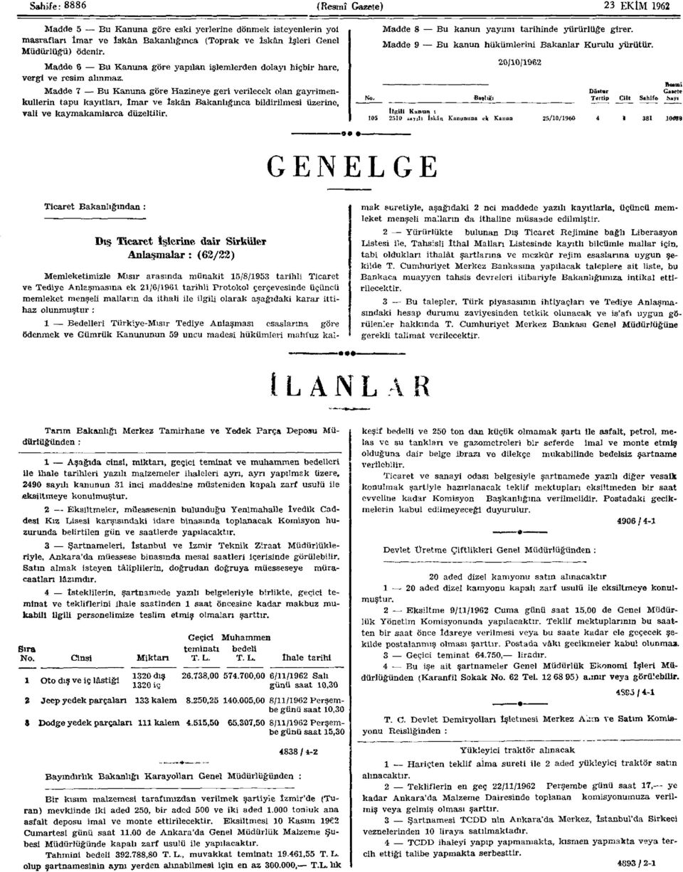 Madde 7 Bu Kanuna göre Hazineye geri verilecek olan gayrimenkullerin tapu kayıtları, İmar ve İskân Bakanlığmca bildirilmesi üzerine, vali ve kaymakamlarca düzeltilir.