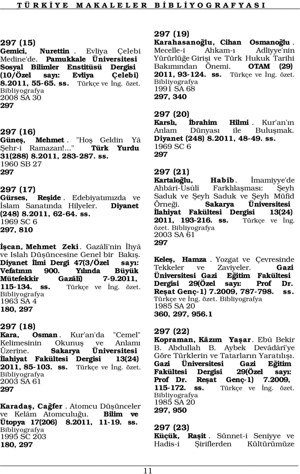 2011, 55-65. ss. Türkçe ve ng. özet. 1991 SA 68 2008 SA 30 297, 340 297 297 (16) Günefl, Mehmet. "Hofl Geldin Yâ fiehr-i Ramazan!..." Türk Yurdu 31(288) 8.2011, 283-287. ss. 1960 SB 27 297 297 (17) Gürses, Reflide.