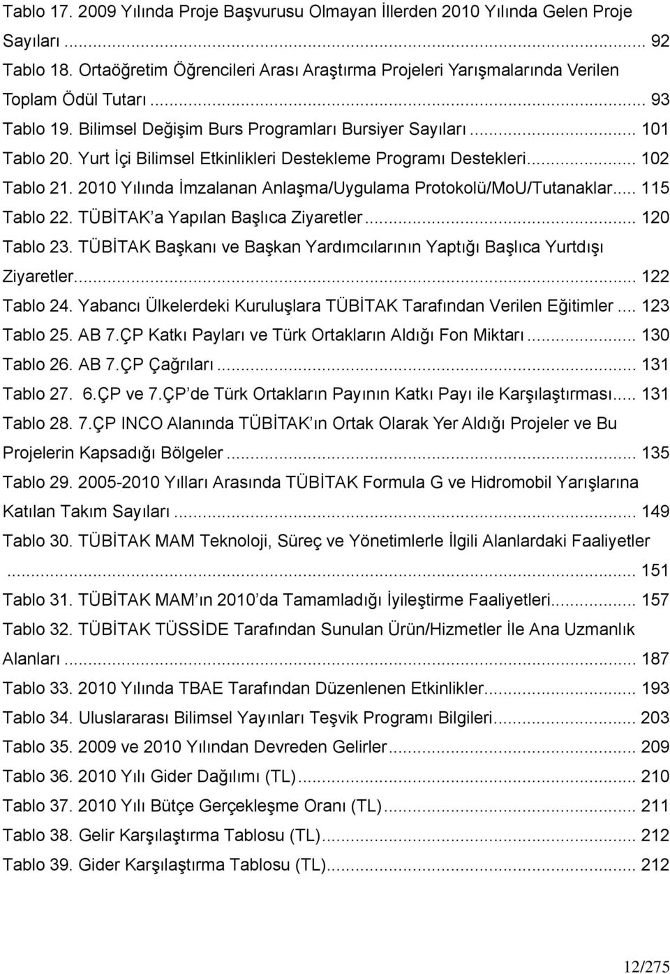 2010 Yılında İmzalanan Anlaşma/Uygulama Protokolü/MoU/Tutanaklar... 115 Tablo 22. TÜBİTAK a Yapılan Başlıca Ziyaretler... 120 Tablo 23.