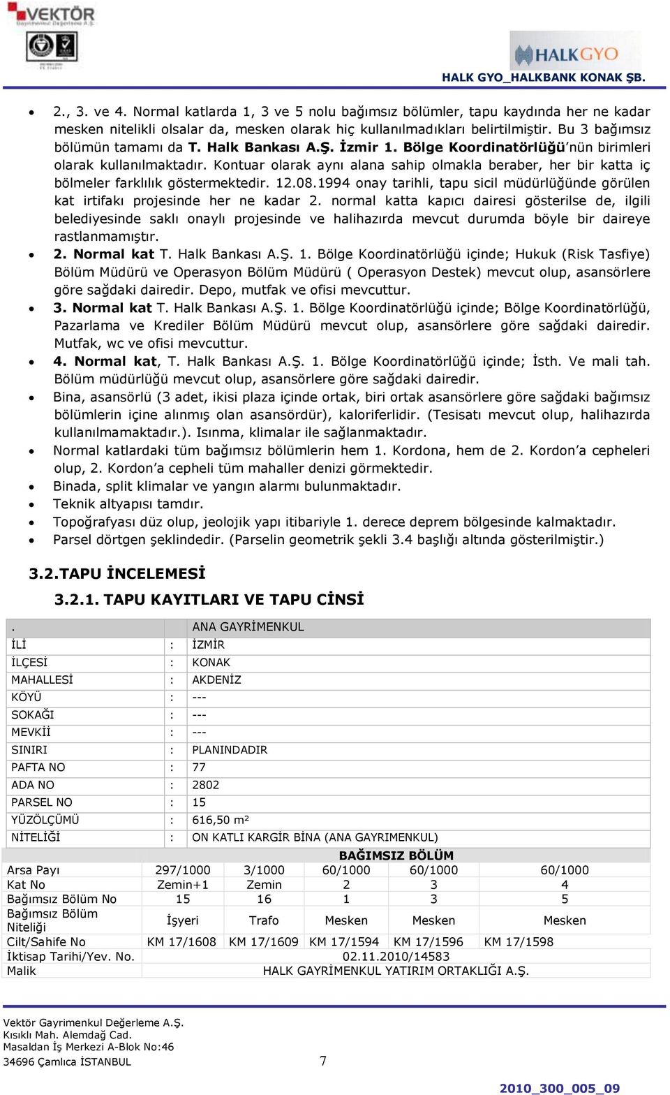 Kontuar olarak aynı alana sahip olmakla beraber, her bir katta iç bölmeler farklılık göstermektedir. 12.08.1994 onay tarihli, tapu sicil müdürlüğünde görülen kat irtifakı projesinde her ne kadar 2.