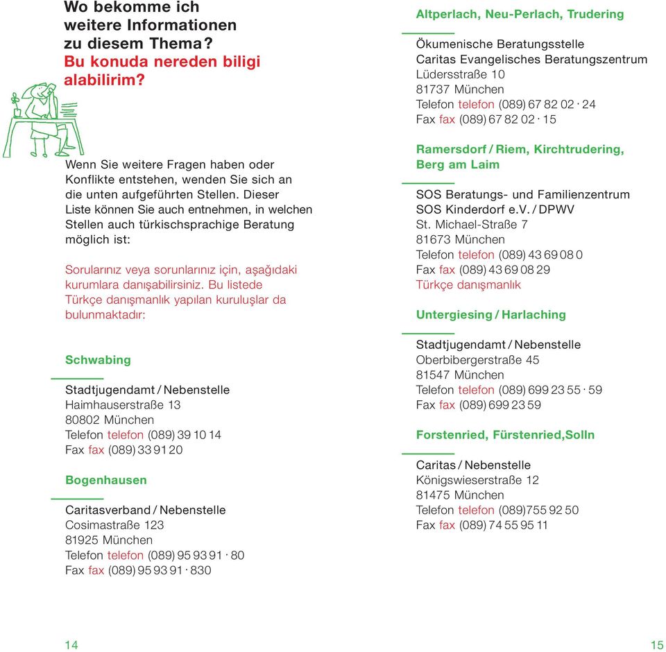 Bu listede Türkçe danışmanlık yapılan kuruluşlar da bulunmaktadır: Schwabing Stadtjugendamt / Nebenstelle Haimhauserstraße 13 80802 München Telefon telefon (089)39 10 14 Fax fax (089) 33 9120