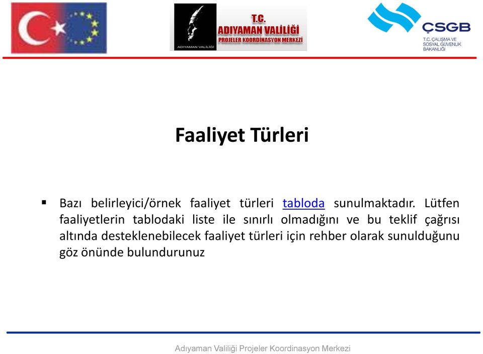 Lütfen faaliyetlerin tablodaki liste ile sınırlı olmadığını ve