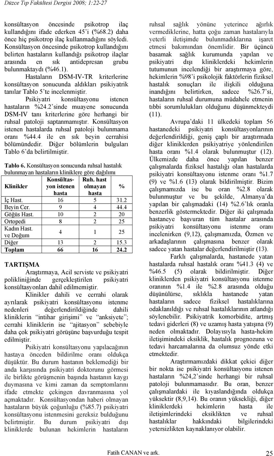 Hastaların DSM-IV-TR kriterlerine konsültasyon sonucunda aldıkları psikiyatrik tanılar Tablo 5 te incelenmiştir. Psikiyatri konsültasyonu istenen hastaların %24.