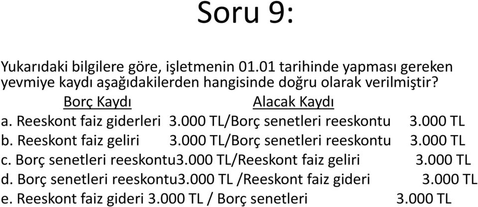 Reeskont faiz giderleri 3.000 TL/Borç senetleri reeskontu 3.000 TL b. Reeskont faiz geliri 3.