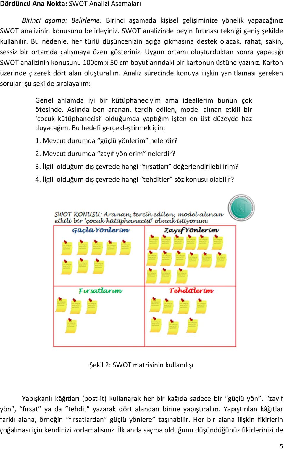 Uygun ortamı oluşturduktan sonra yapacağı SWOT analizinin konusunu 100cm x 50 cm boyutlarındaki bir kartonun üstüne yazınız. Karton üzerinde çizerek dört alan oluşturalım.