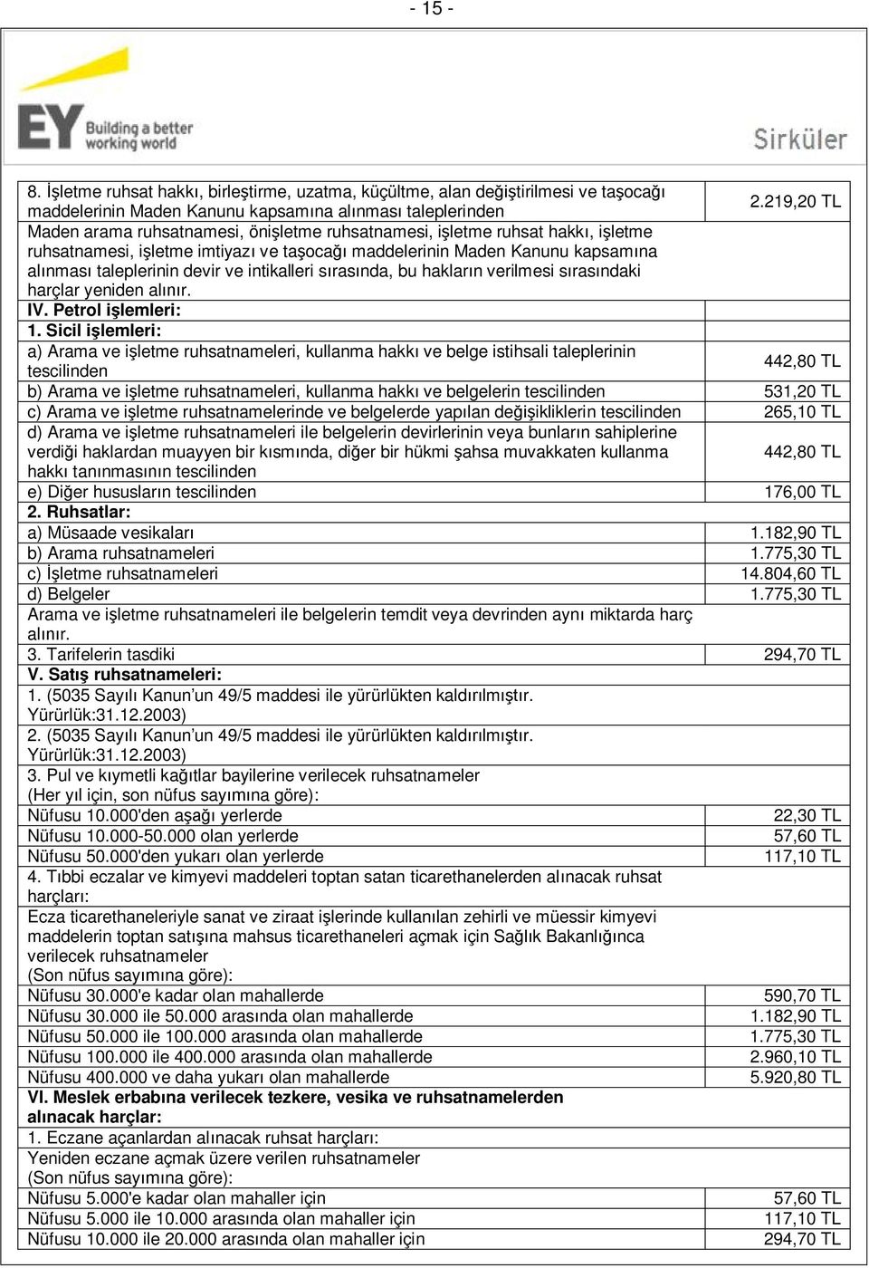 maddelerinin Maden Kanunu kapsamına alınması taleplerinin devir ve intikalleri sırasında, bu hakların verilmesi sırasındaki harçlar yeniden alınır. IV. Petrol işlemleri: 1.