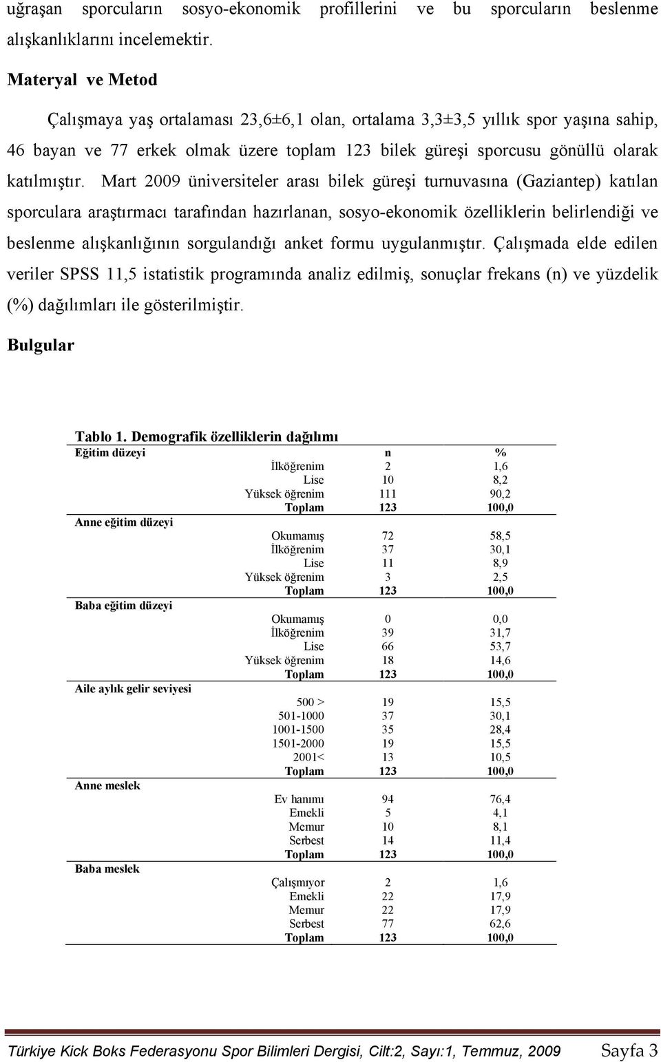 Mart 2009 üniversiteler arası bilek güreşi turnuvasına (Gaziantep) katılan sporculara araştırmacı tarafından hazırlanan, sosyo-ekonomik özelliklerin belirlendiği ve beslenme alışkanlığının