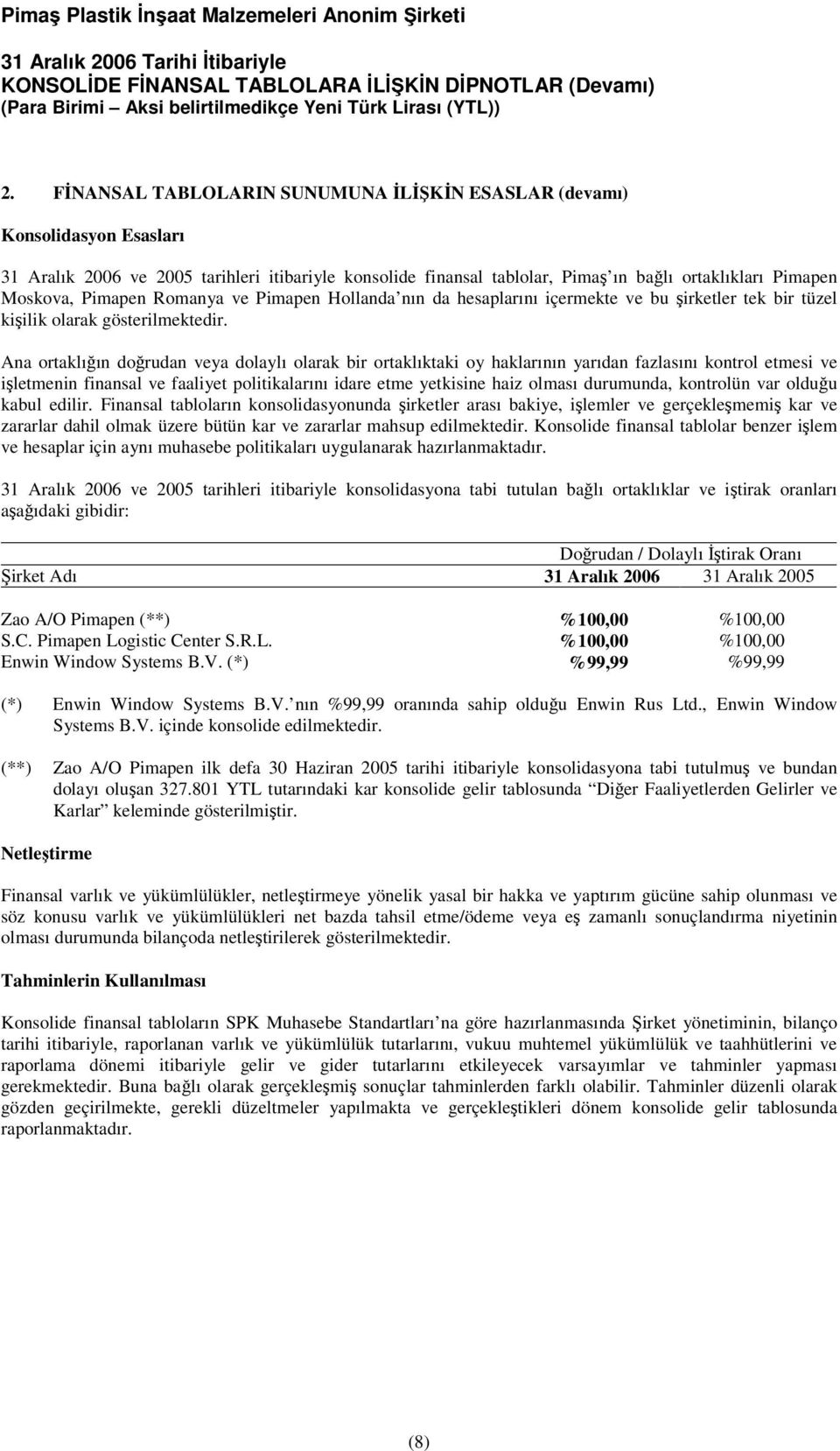 Ana ortaklıın dorudan veya dolaylı olarak bir ortaklıktaki oy haklarının yarıdan fazlasını kontrol etmesi ve iletmenin finansal ve faaliyet politikalarını idare etme yetkisine haiz olması durumunda,