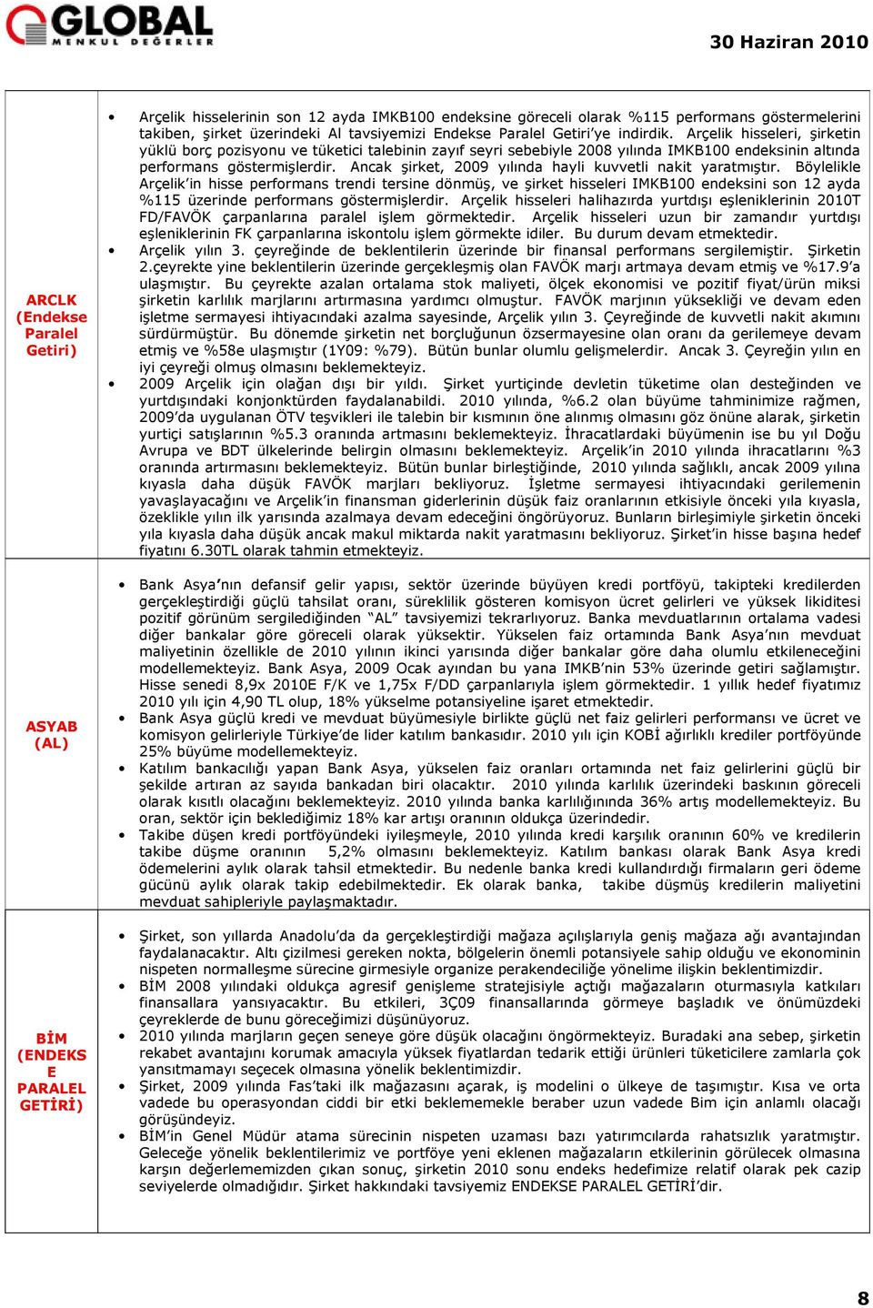 Arçelik hisseleri, şirketin yüklü borç pozisyonu ve tüketici talebinin zayıf seyri sebebiyle 2008 yılında IMKB100 endeksinin altında performans göstermişlerdir.