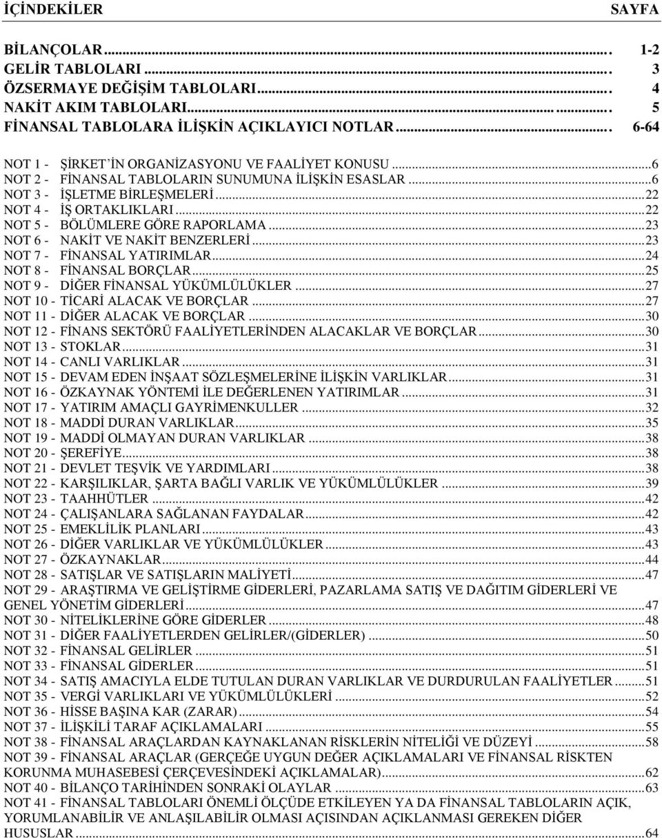 .. 22 NOT 5 - BÖLÜMLERE GÖRE RAPORLAMA... 23 NOT 6 - NAKĠT VE NAKĠT BENZERLERĠ... 23 NOT 7 - FĠNANSAL YATIRIMLAR... 24 NOT 8 - FĠNANSAL BORÇLAR... 25 NOT 9 - DĠĞER FĠNANSAL YÜKÜMLÜLÜKLER.