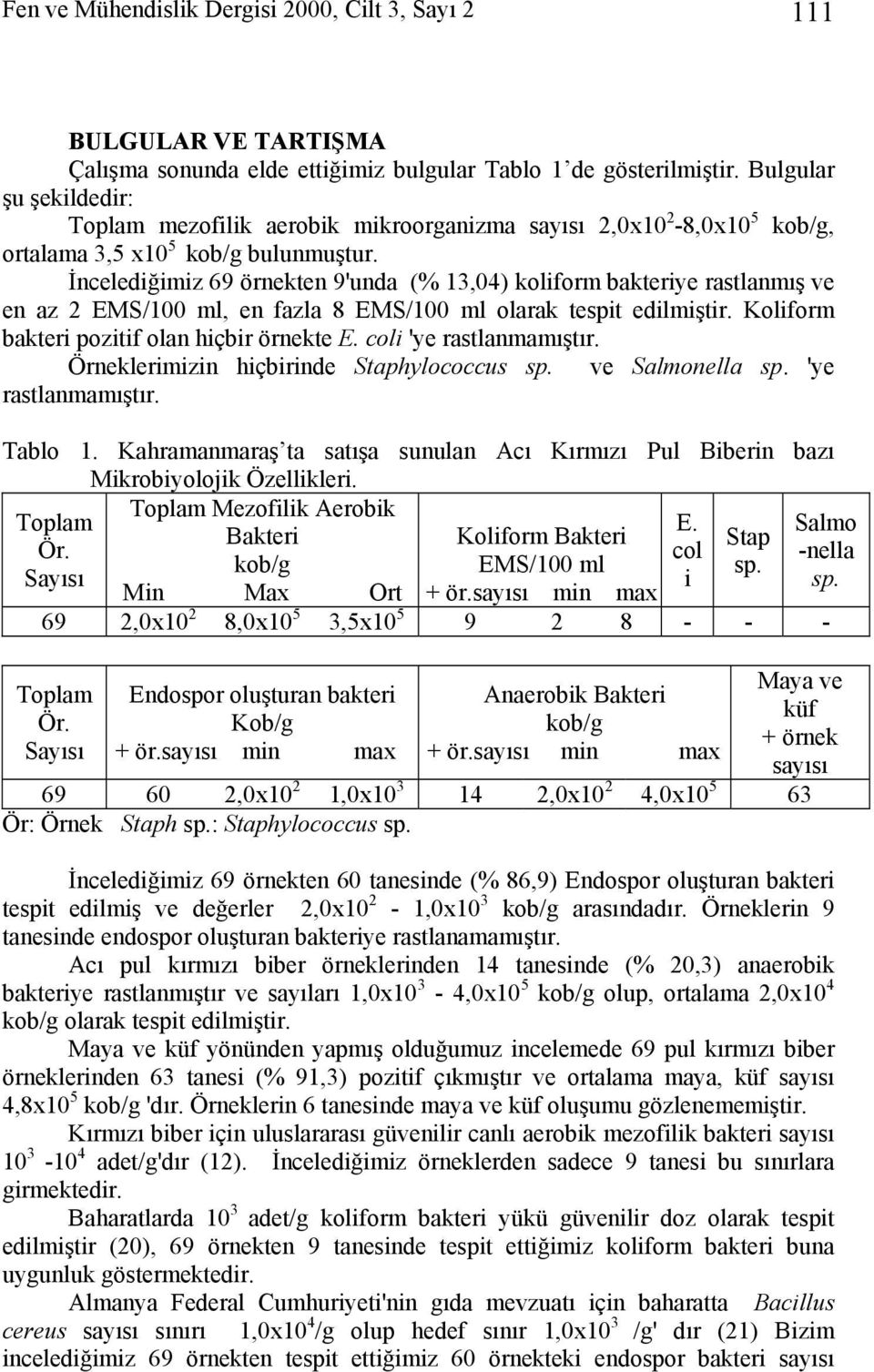 İncelediğimiz 69 örnekten 9'unda (% 13,04) koliform bakteriye rastlanmış ve en az 2 EMS/100 ml, en fazla 8 EMS/100 ml olarak tespit edilmiştir. Koliform bakteri pozitif olan hiçbir örnekte E.