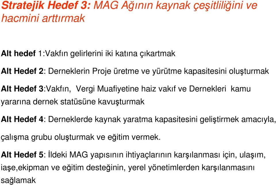 statüsüne kavuşturmak Alt Hedef 4: Derneklerde kaynak yaratma kapasitesini geliştirmek amacıyla, çalışma grubu oluşturmak ve eğitim vermek.