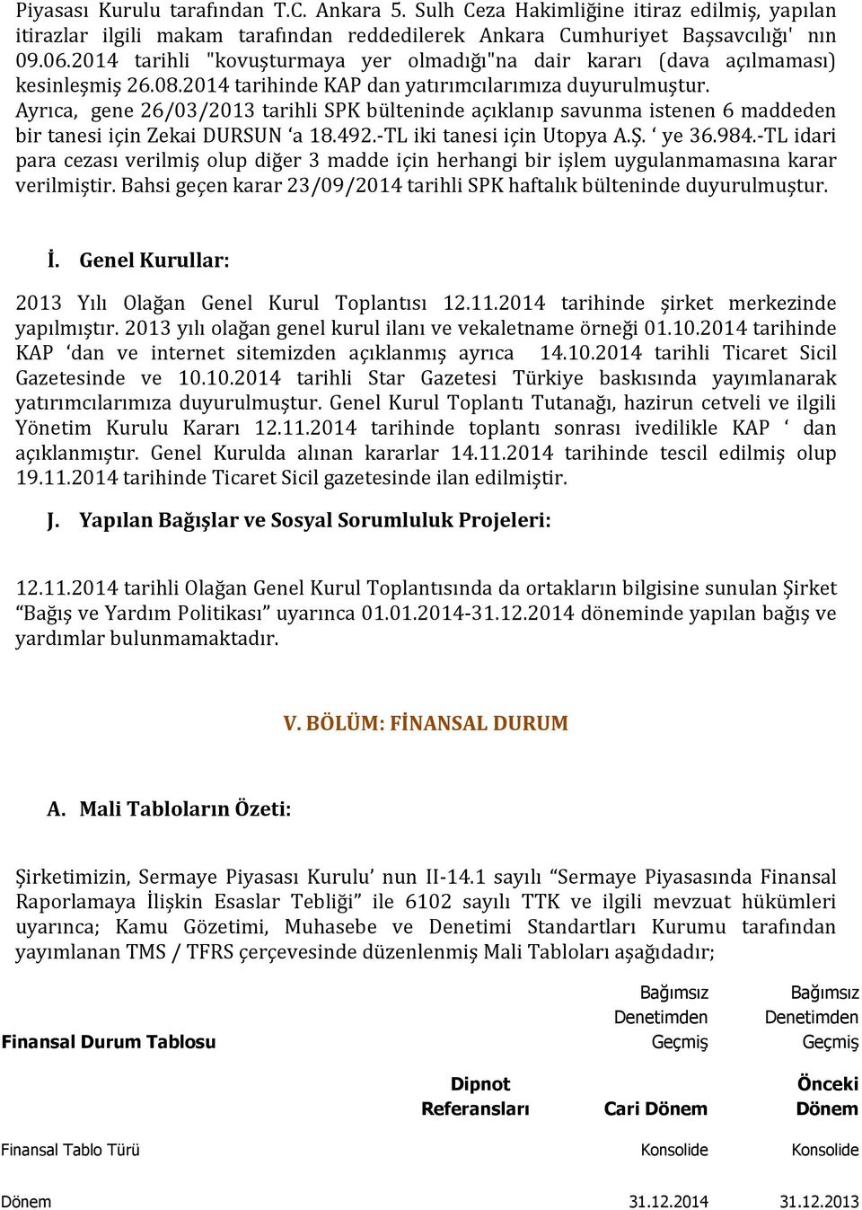 Ayrıca, gene 26/03/2013 tarihli SPK bülteninde açıklanıp savunma istenen 6 maddeden bir tanesi için Zekai DURSUN a 18.492.-TL iki tanesi için Utopya A.Ş. ye 36.984.