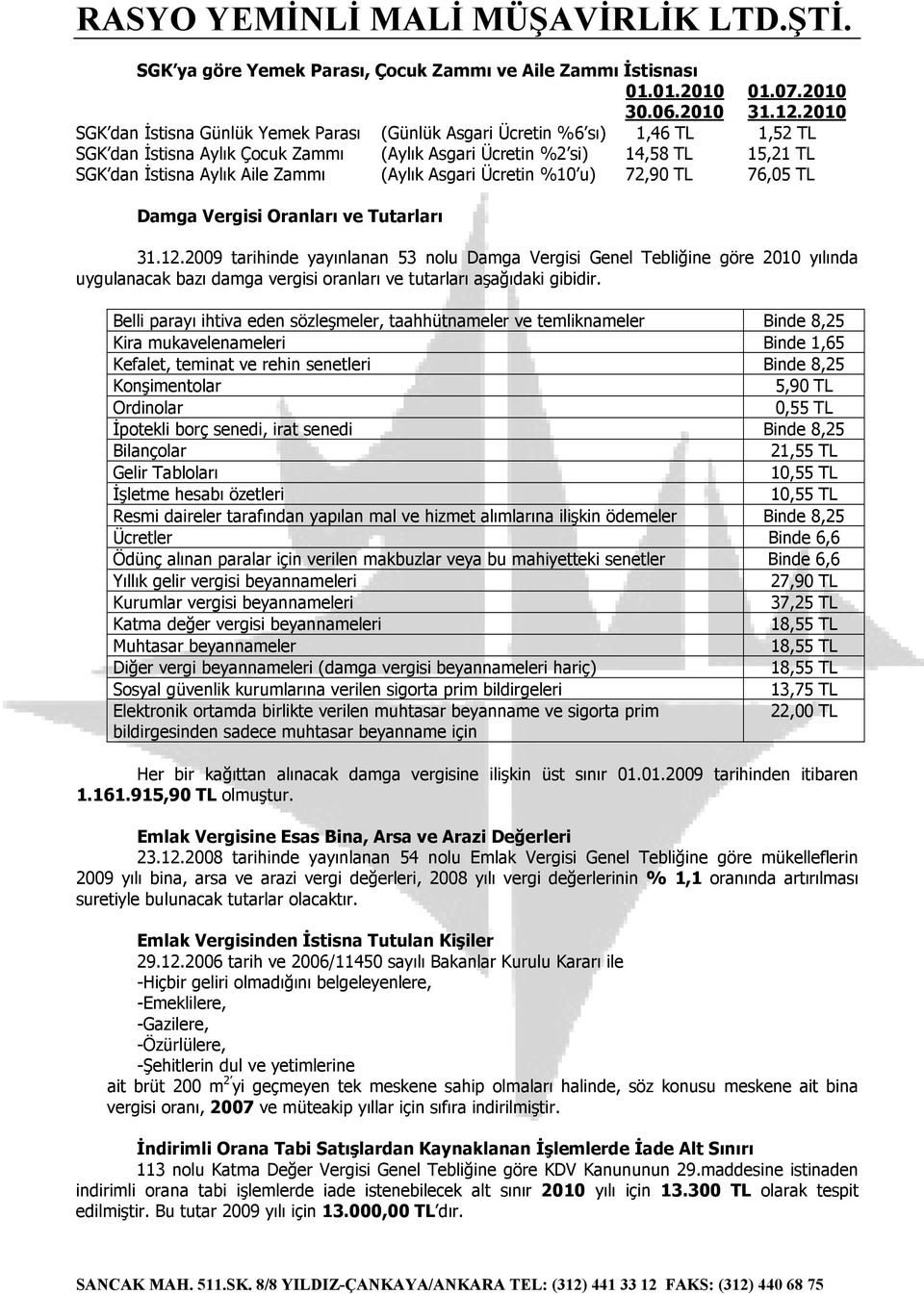 Zammı (Aylık Asgari Ücretin %10 u) 72,90 TL 76,05 TL Damga Vergisi Oranları ve Tutarları 31.12.